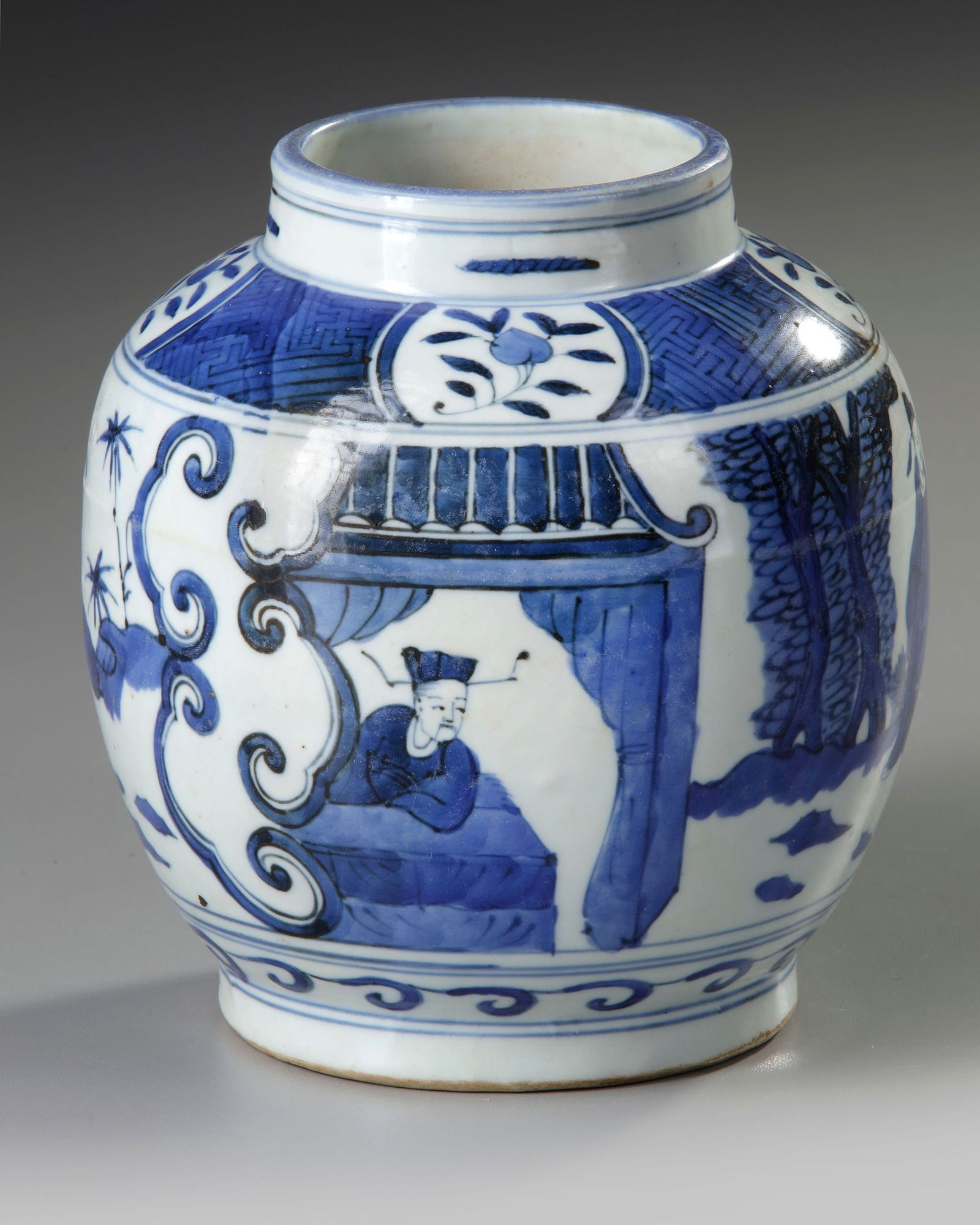 A CHINESE BLUE AND WHITE JAR, MING DYNASTY (1368-1644) (1 of 4)