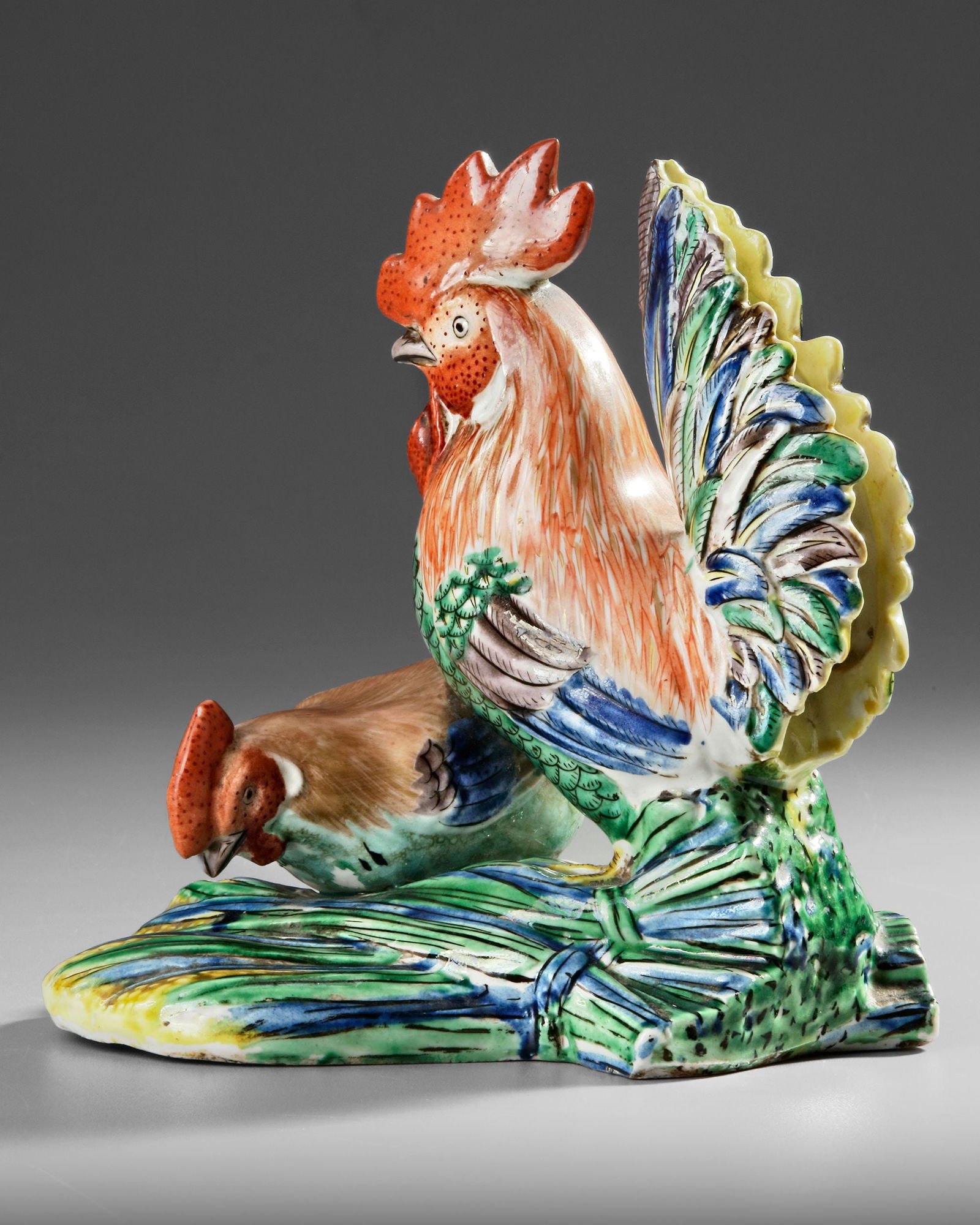 A JAPANESE KUTANI PORCELAIN GROUP OF A COCKEREL AND HEN, LATE 19TH CENTURY (1 of 4)