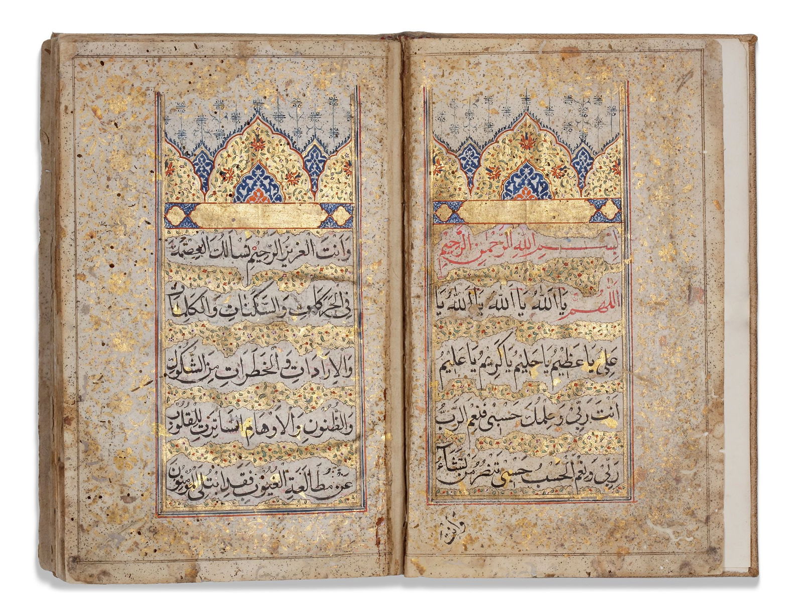 AN OTTOMAN PRAYER BOOK, 18TH CENTURY: Arabic and Ottoman Turkish manuscript on paper, 33 ff. with 2 fly-leaves, each page with 7ll. written in naskh script, Turkish text in red ink, text ruled in red, blue and gold borders, the first four