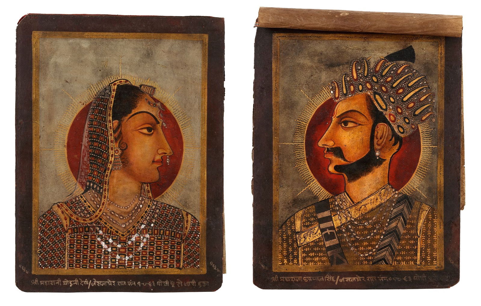 TWO PORTRAITS OF A HINDI LADY AND MAN, 19TH CENTURY: A fine pair of 19th-century Indian portrait paintings depicting a noble lady and a bearded man in profile, executed in the traditional Rajput / North Indian miniature style. Each figure is shown with