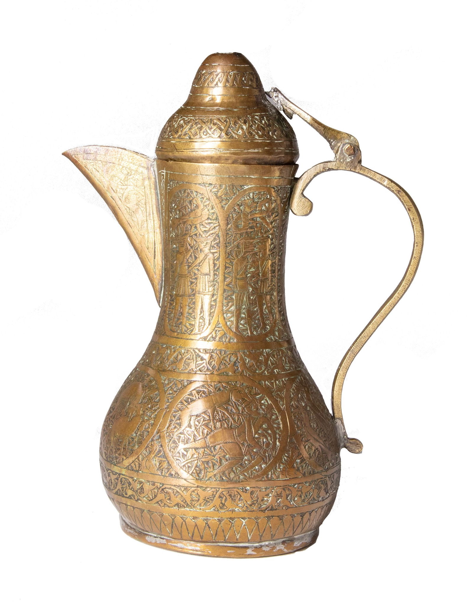 A PERSIAN DALLAH, ZAND DYNASTY, LATE 18TH CENTURY: A finely crafted Persian dallah from the Zand dynasty, made of brass and richly engraved throughout with scrolling vegetal and geometric motifs. H. 20 cm.