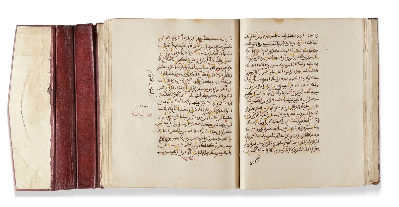 AN ILLUMINATED QURAN WRITTEN IN MAGHRIBI SCRIPT, NORTH AFRICA PROBABLY MOROCCO, 19TH CENTURY: Arabic manuscript on paper, 13 lines to each page written in Maghribi script in black ink with diacritics and vowel points in red ink, yellow dots between verses, In deep red leather morocco binding w