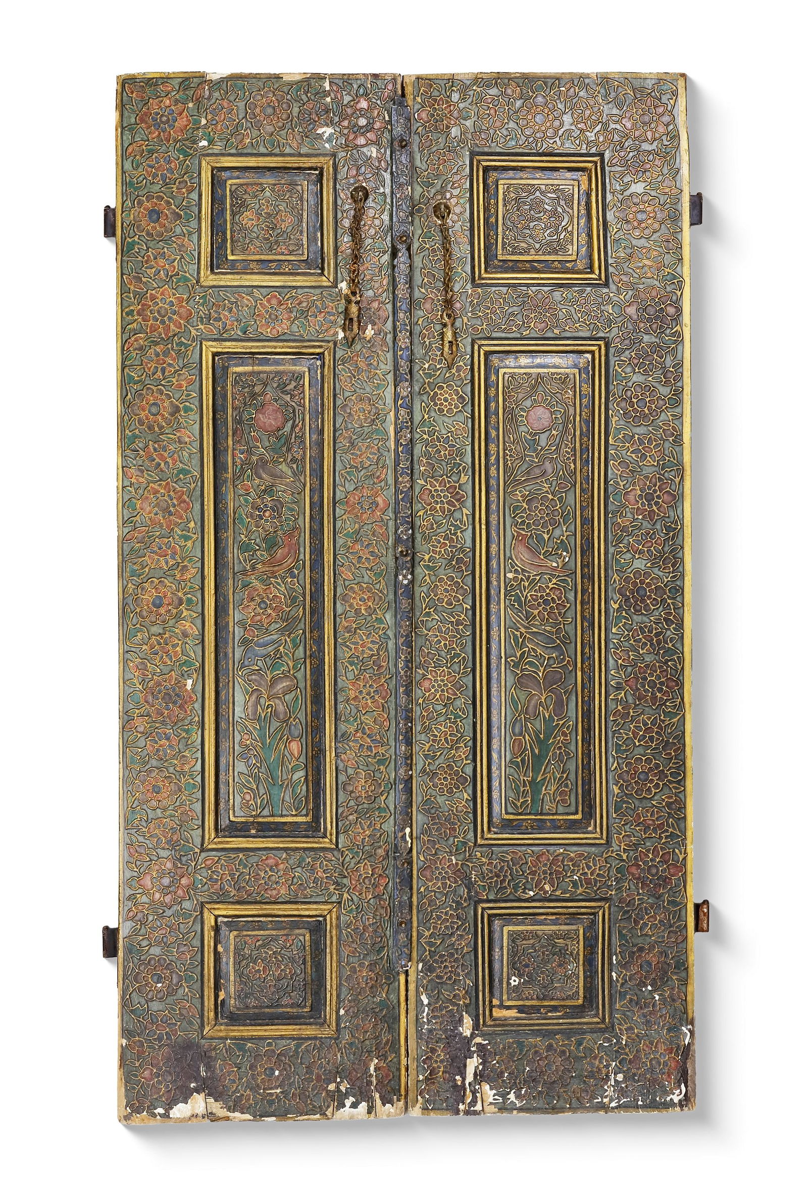 A PAIR OF PAINTED QAJAR WOODEN DOORS, LATE 19TH CENTURY: Each with a central large rectangular panel flanked above and below with two smaller panels, the central panel painted and gilt with brightly coloured flowers inhabited by polychrome birds, the border