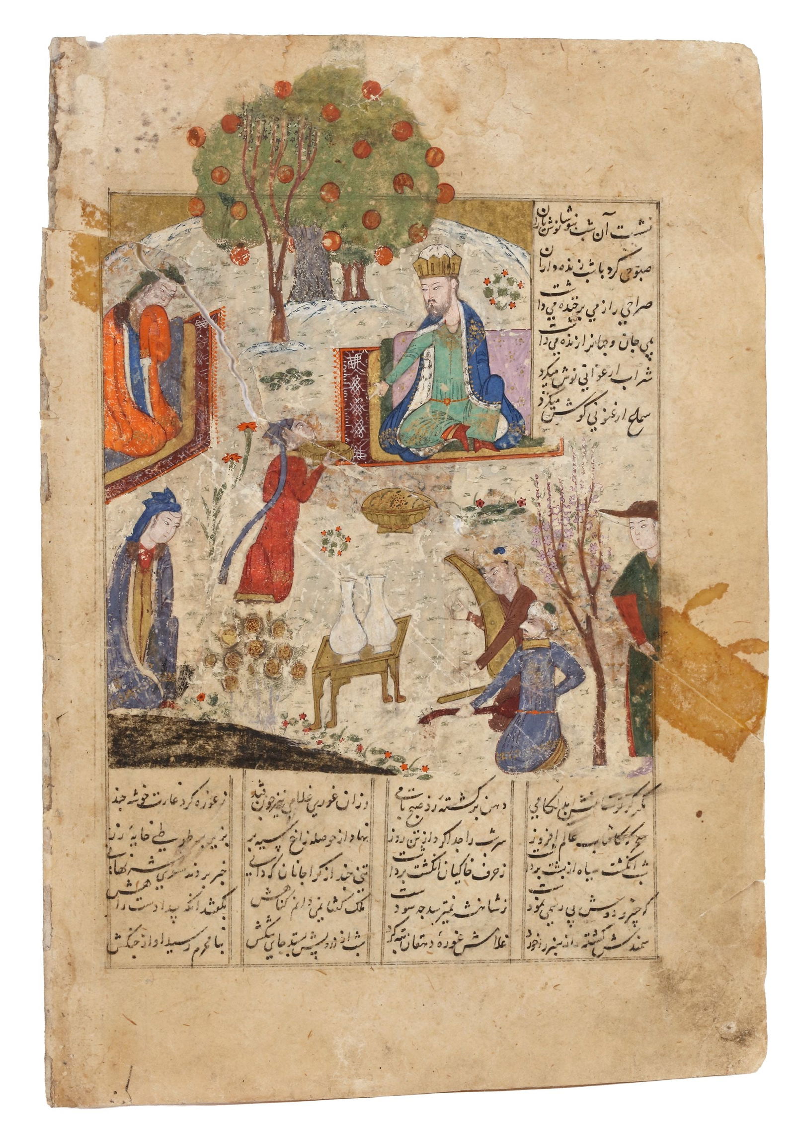 AN ILLUMINATED AND ILLUSTRATED SHAHNAMEH PAGE, PERSIA SAFAVID PERIOD, 16TH CENTURY: A manuscript page from Ferdaws Shahnameh, depicting a royal court scene identified as Kay Khosrow holding audience in a garden setting. Kay Khosrow, one of the most celebrated kings of Persia in the S
