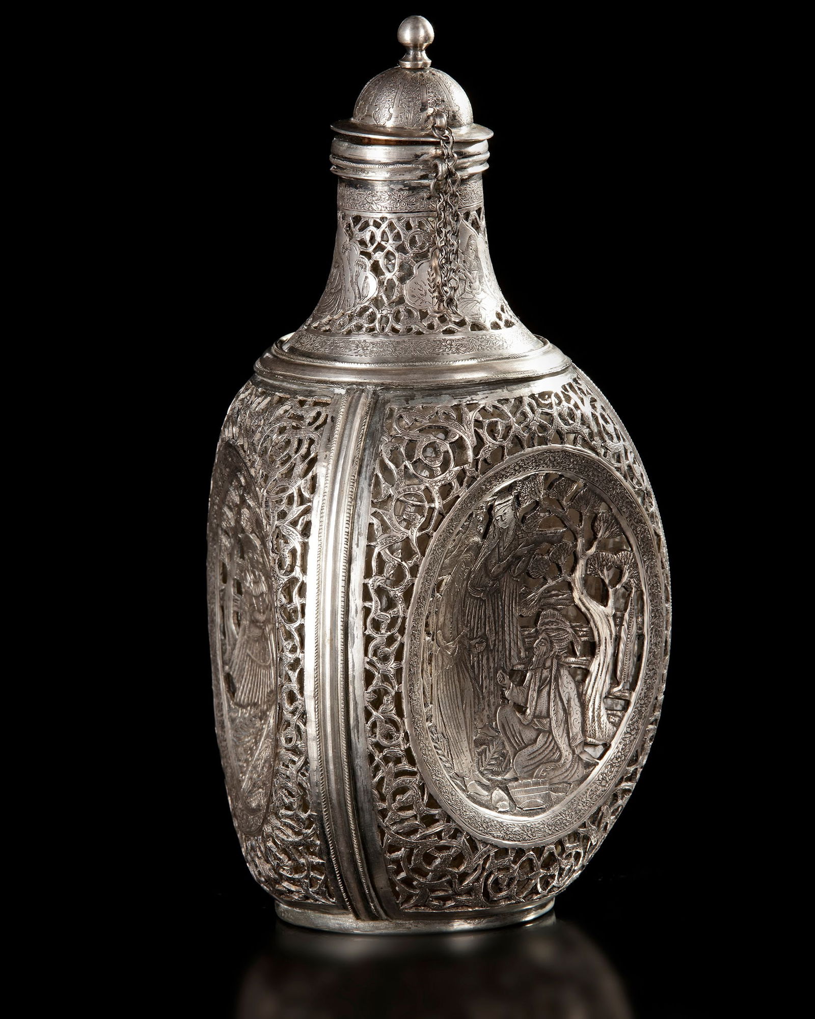 AN ISFAHAN SILVER BOTTLE, ATTRIBUTED TO LAHIJI MASTER, LATE 19TH CENTURY (1 of 5)