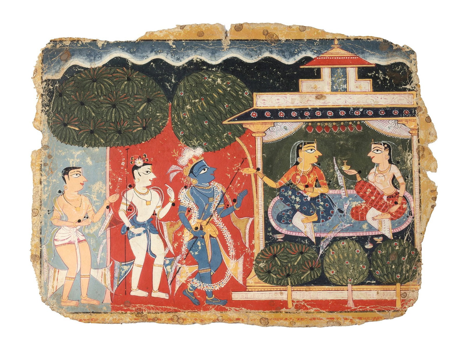 A FOLIO FROM THE DISPERSED 'PALAM' BHAGAVATA PURANA : GOPIS COMPLAINING TO KRISHNA FOR STEALING (1 of 2)