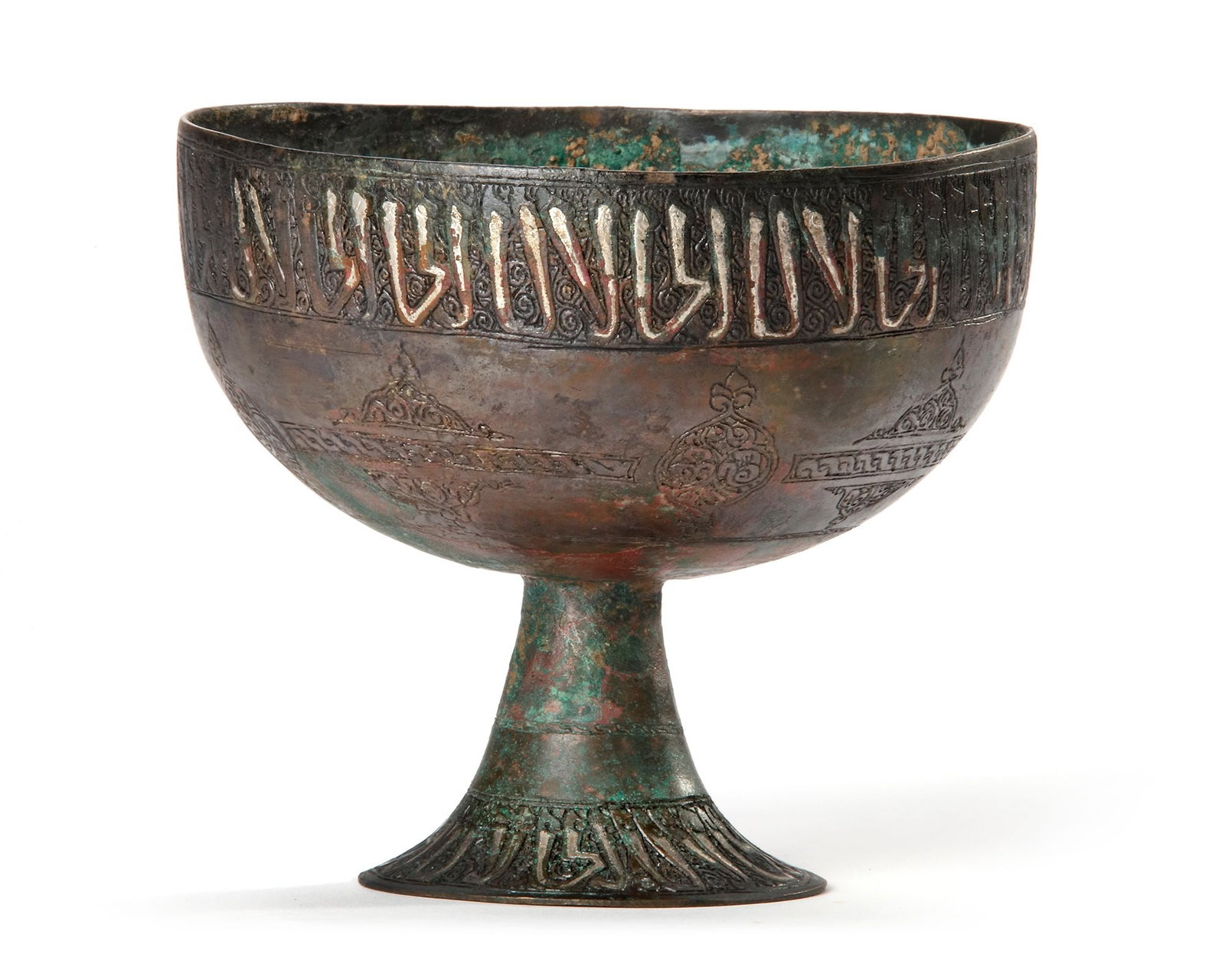 A SILVER-INLAID BRONZE FOOTED BOWL, PERSIA KHORASSAN, 12TH-13TH CENTURY (1 of 6)