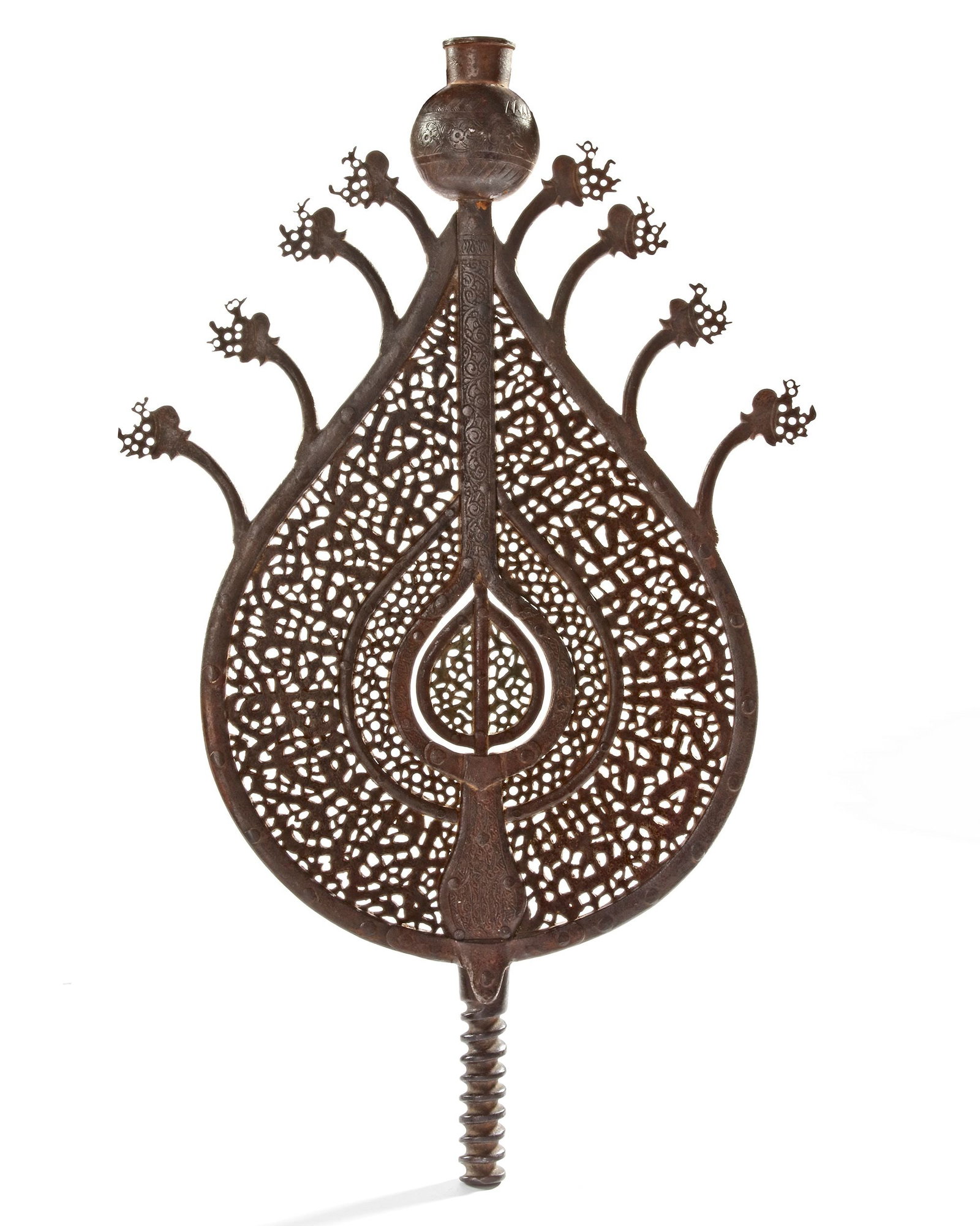 AN EARLY SAFAVID PIERCED BRONZE PROCESSIONAL STANDARD (ALAM), PERSIA, DATED 924 AH/1518 AD: Of drop form, surmounted by a small jar, the cut-steel body around two central drop shapes formed of solid steel engraved with scrolling vine, a broad outer border with surah Al-Ikhlas in elegant thul