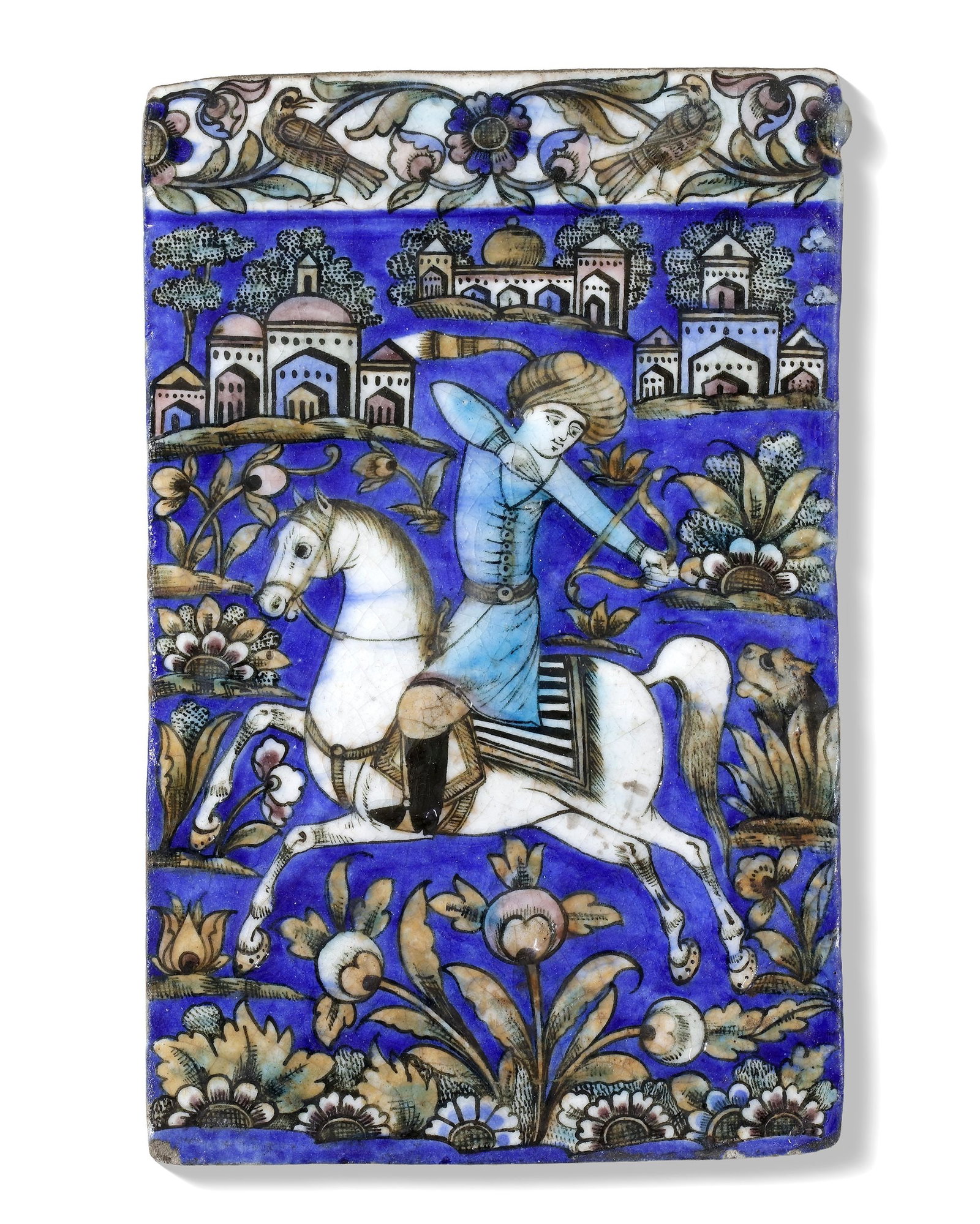 A POLYCHROME MOUNTED POTTERY TILE, PERSIA QAJAR 19TH CENTURY (1 of 2)