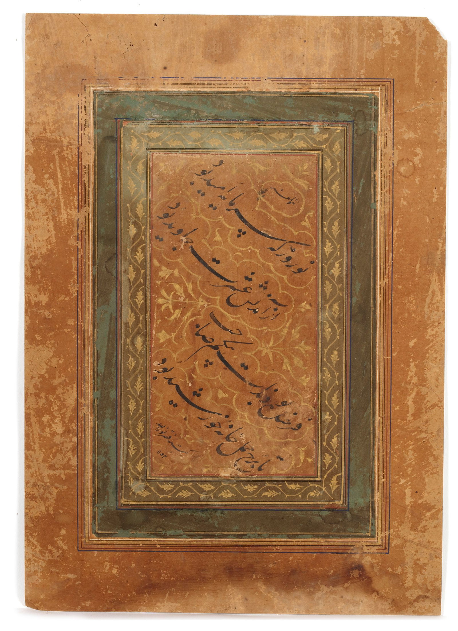 A NASTA'LIQ QUATRAIN, LATE SAFAVID PERSIA, DATED 1152 AH/1739 AD (1 of 2)