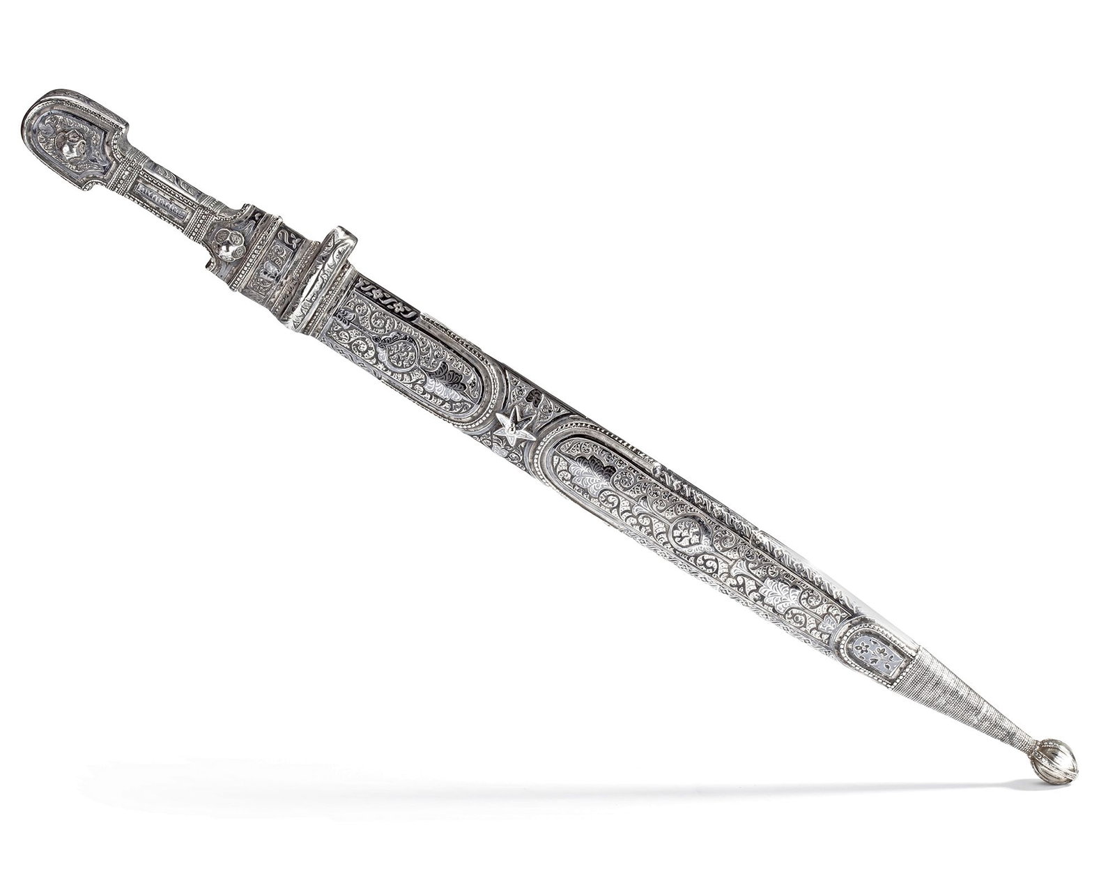 A LARGE NIELLO SILVER-MOUNTED STEEL DAGGER (KINDJAL), CAUCASUS, 19TH CENTURY: With tapering double-edged fullered blade, the silver hilt with waisted grip and two applied domed bosses, decorated in repouss?© and niello with vegetal interlace, the wood scabbard clad entirely in