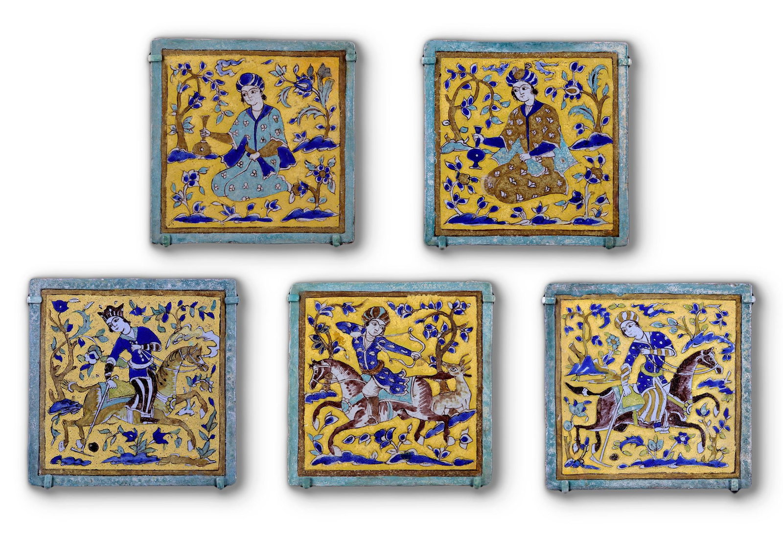 FIVE CUERDA SECA POTTERY TILES, PERSIA ZAND DYNASTY, 18TH CENTURY: Each of square form made of stone-paste, painted in yellow, turquoise, cobalt blue, black and opaque white with manganese purple in the cuerda seca (dry-cord) technique. Three tiles decorated with a f