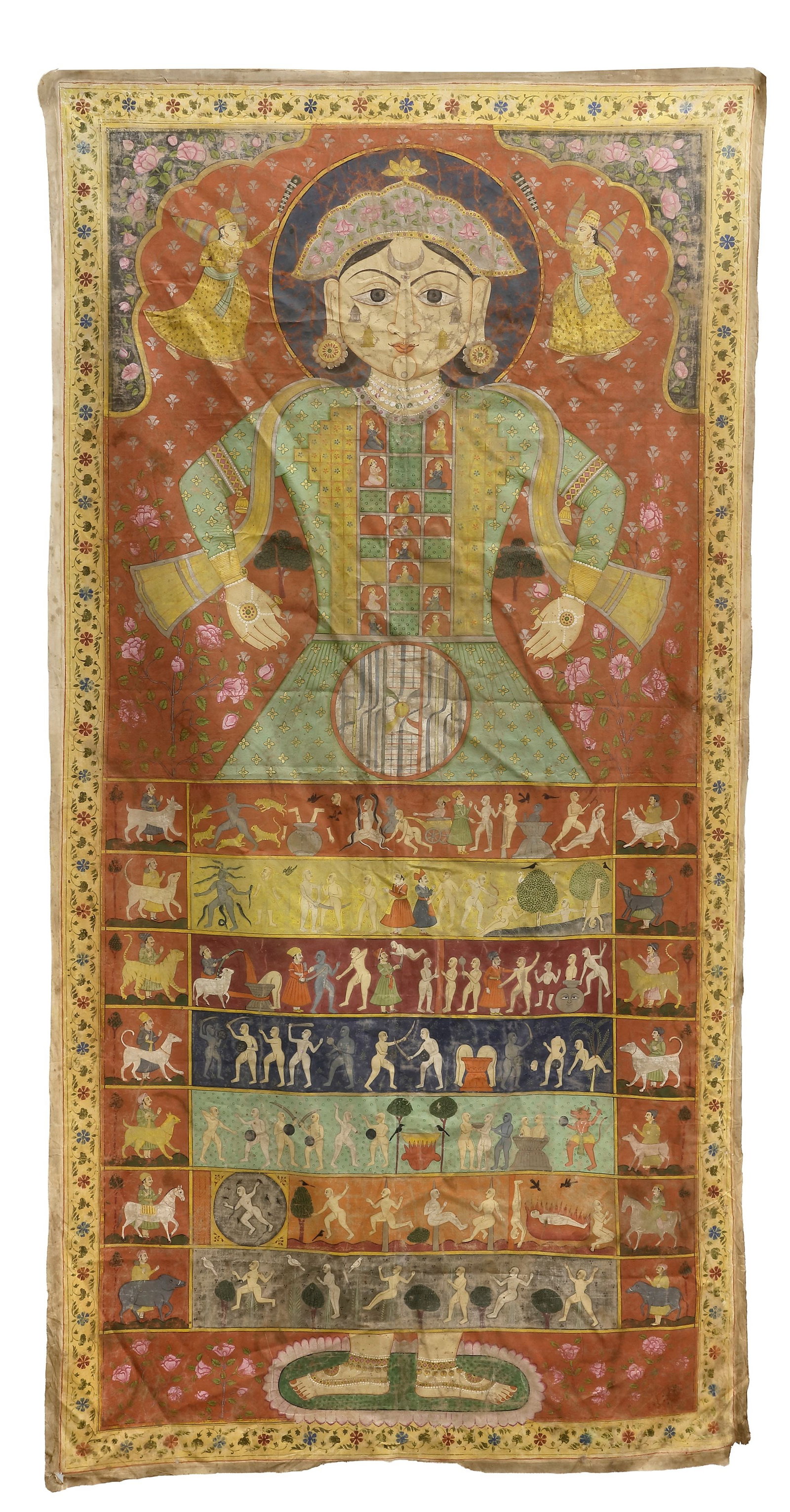 A PAINTING OF LOKAPURUSHA, INDIA, RAJASTHAN, BIKANER, CIRCA 1775: The cosmic man dressed in light green and adorned with multiple jewelery, standing on a lotus, with eight rows of seated figures with assorted squares at his chest, the jambudvipa at his waist, and se