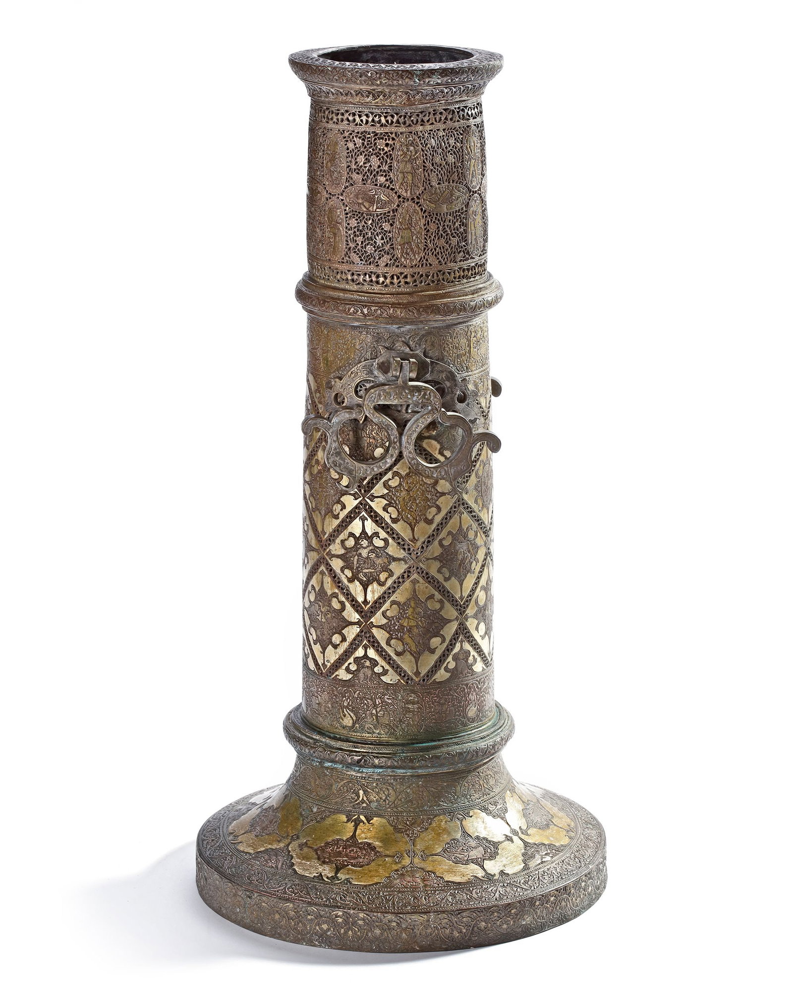 A LARGE ENGRAVED BRASS TORCH STAND, PERSIA, 19TH CENTURY (1 of 9)