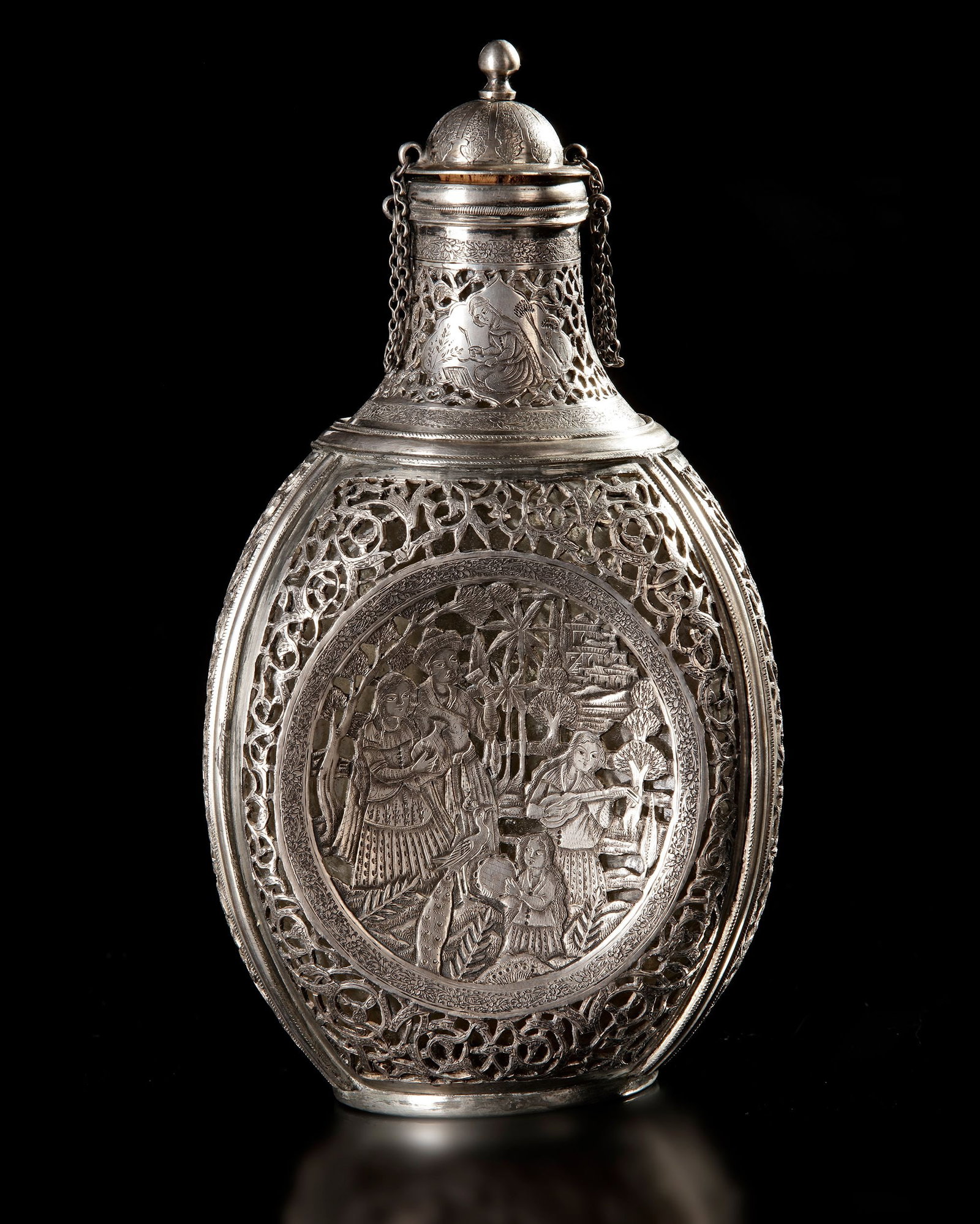 AN ISFAHAN SILVER BOTTLE, ATTRIBUTED TO LAHIJI MASTER, LATE 19TH CENTURY (1 of 5)