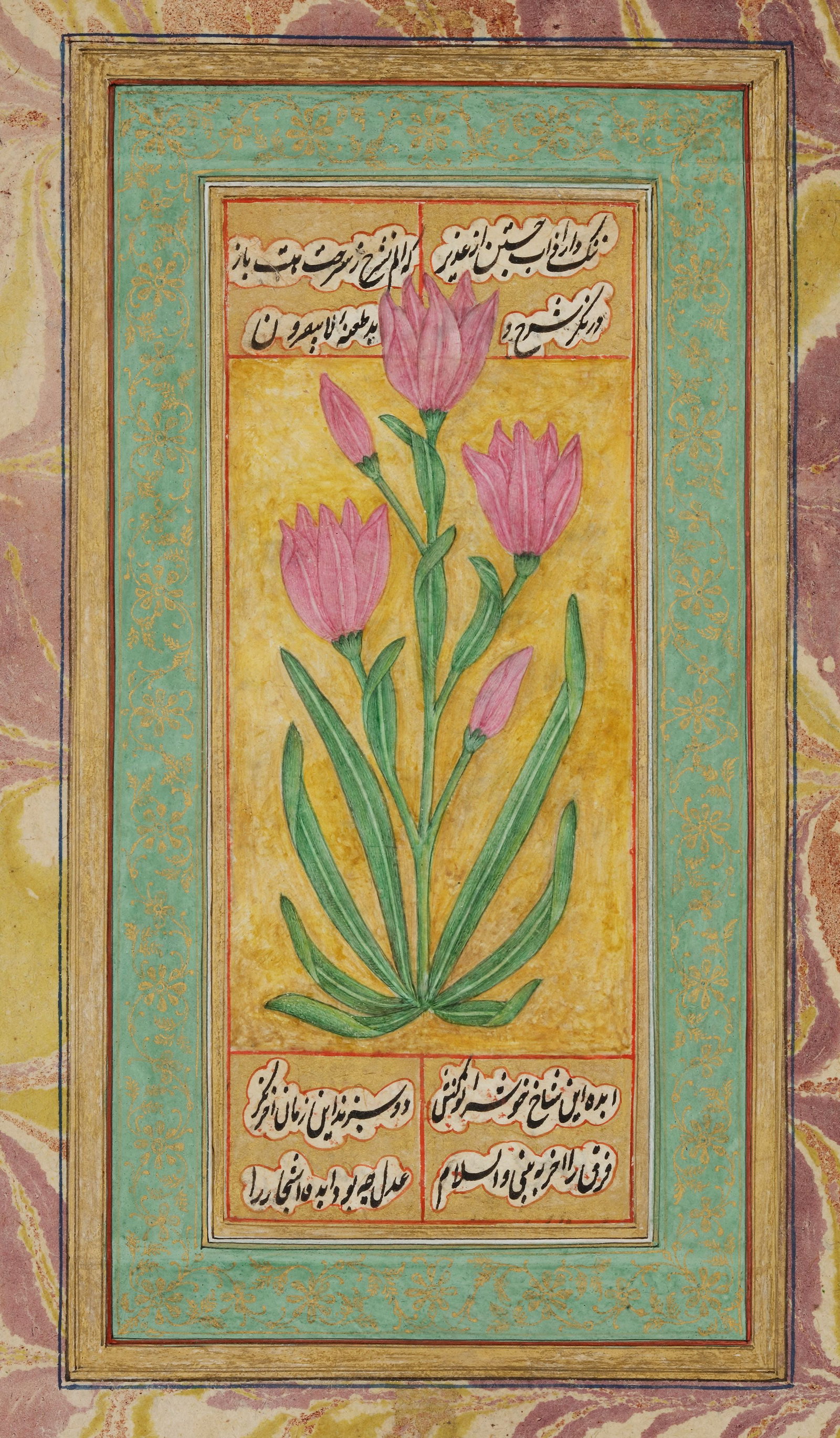 A PAINTING OF A FLOWER WITH A MARBALISED BORDER INDIA, DECCAN, 18TH CENTURY (1 of 3)