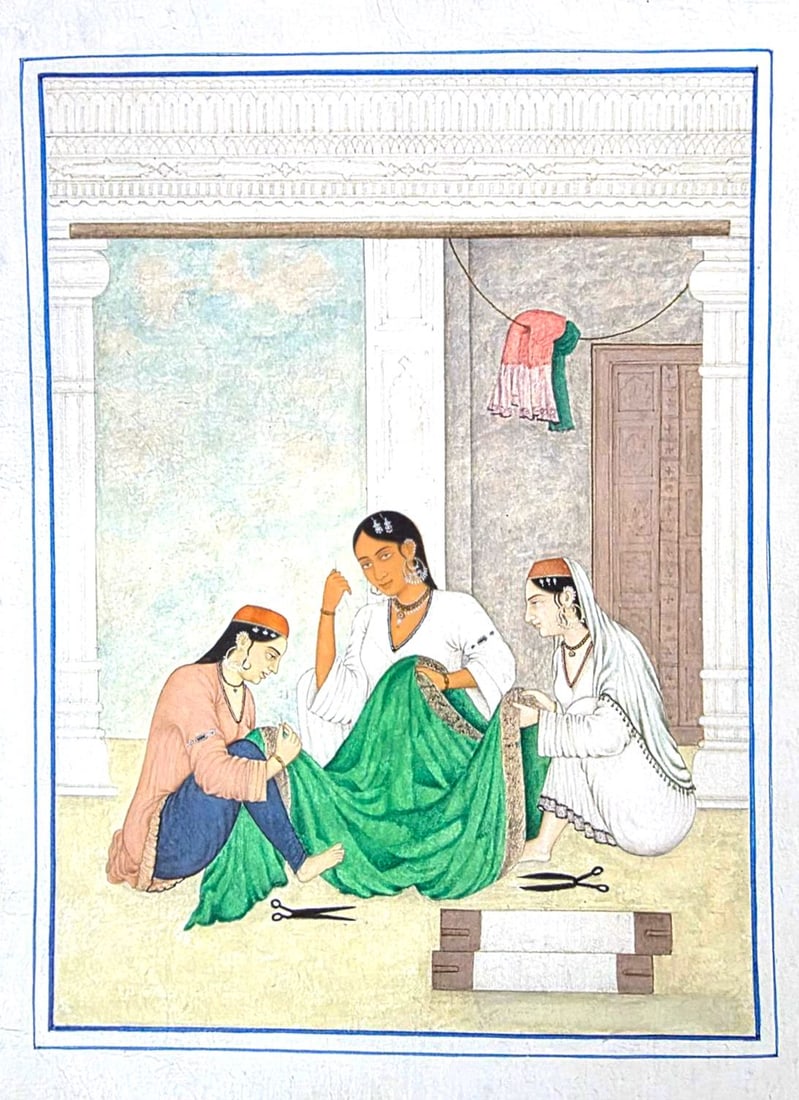 LADIES SEWING A GREEN GARMENT, AMRITSA, PUNJAB INDIA, 19TH CENTURY (1 of 1)