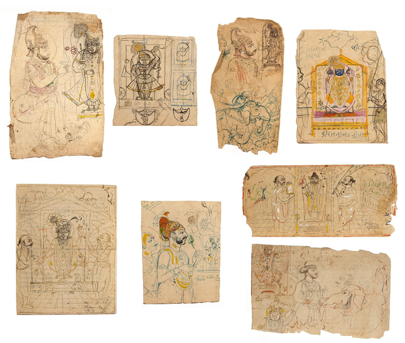 A COLLECTION OF EIGHT DRAWINGS/SKETCHES OF SRINATH JI AND DIFFERENT RULERS, RAJASTHAN, KOTA AND: Ink and wash on paper, partly pounced along outline, laid down on paper. Largest 22.5 by 17.5 cm. Smallest 12 by 11 cm.