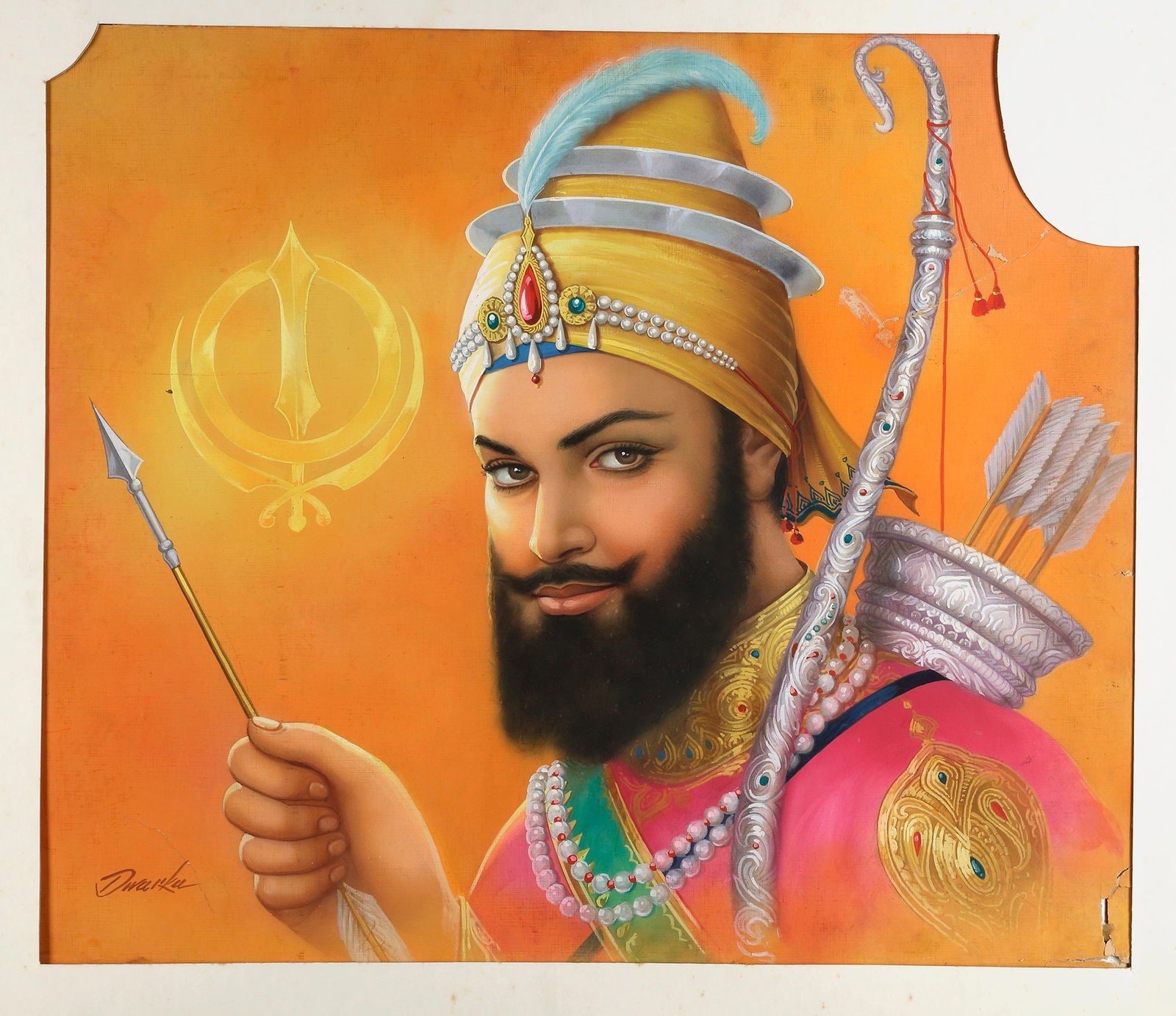 GURU GOBIND SINGH (1675 -1708) HOLDING AN ARROW AND A BOW, BY THE ARTIST DWARKA DASS, INDIA, SECOND (1 of 1)