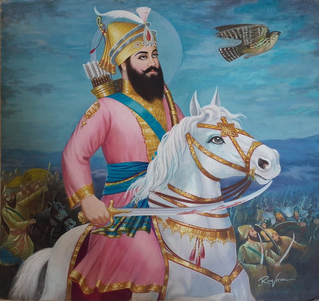 GURU GOBIND SINGH (1575- 1708) RIDING A HORSE HOLDING A SWORD, BY THE ARTIST RAM VERMA, SECOND HALF (1 of 2)