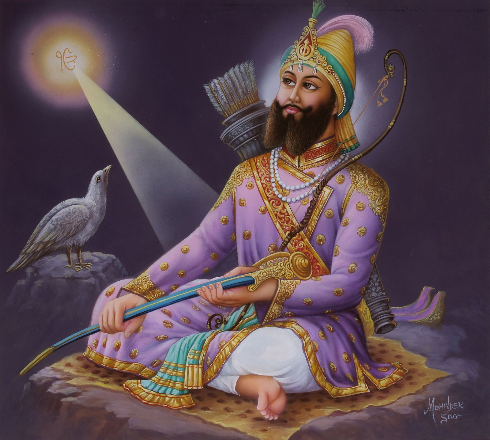 GURU GOBIND SINGH SEATED HOLDING A SWORD BY MOHINDER SINGH, INDIA, 2ND HALF OF THE 20TH CENTURY: Oil on board, signed lower right. Painting 57 by 51.5 cm. With frame 68 by 62 cm.