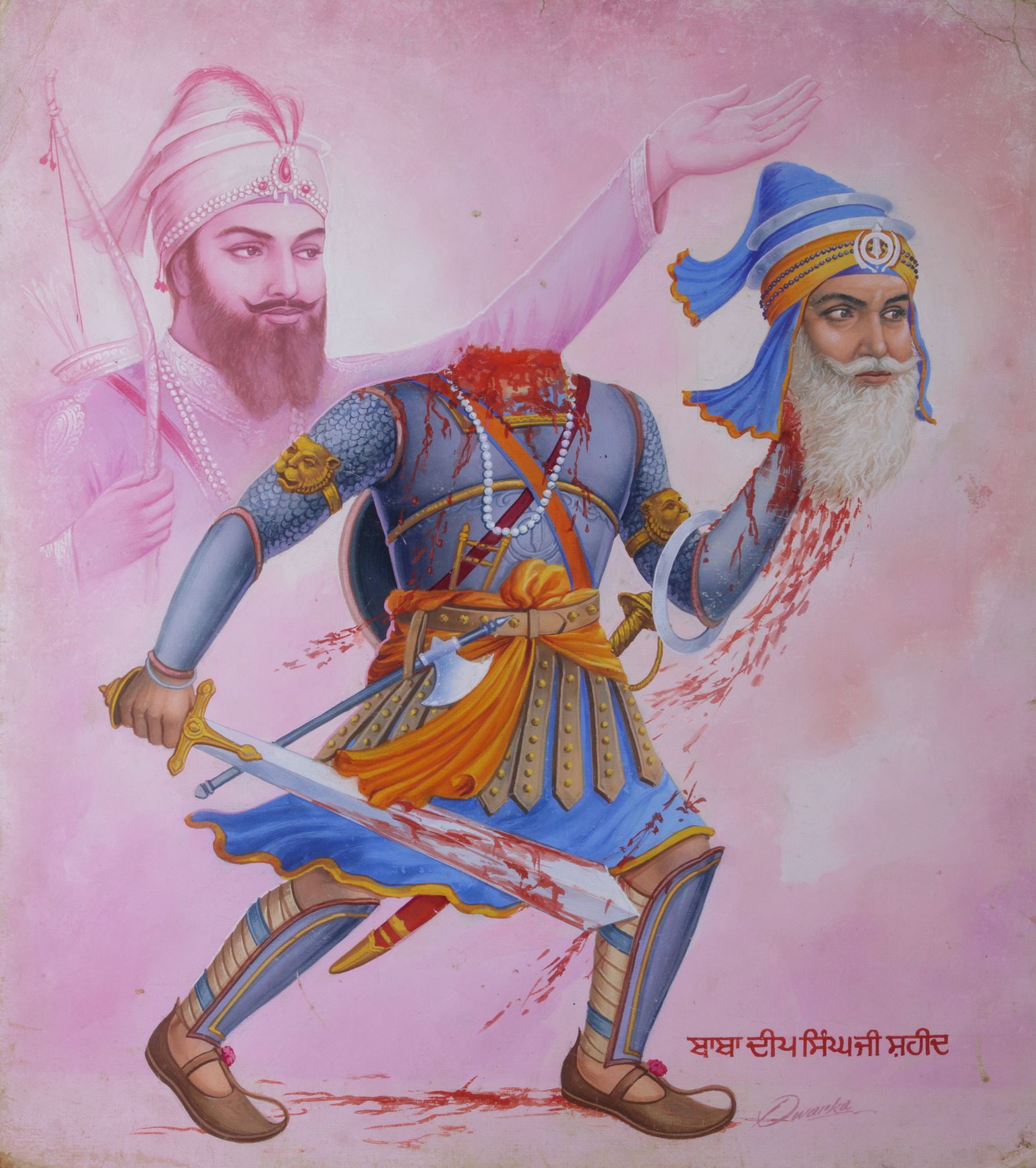 BABA DEEP SINGH, BY DWARKA DASS, INDIA, 20TH CENTURY: Oil on board, signed lower right. 63.3 by 56 cm. CATALOGUE NOTE Baba Deep Singh (1682-1757) is a famous Sikh hero, who was initially a close companion of Guru Gobind Singh. He combined religious life