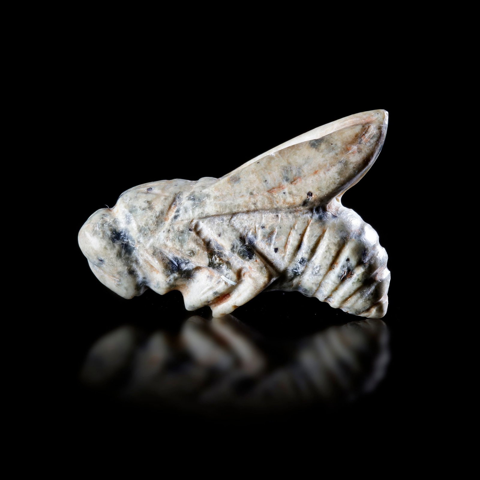 AN AMULET OF A BEE, ROMAN, 1ST/2ND CENTURY AD: An amulet of a bee made from a variegated crystalline limestone. This finely carved amulet of a bee might well have been made for wearing as the wings close above the body allowing for a hole for susp