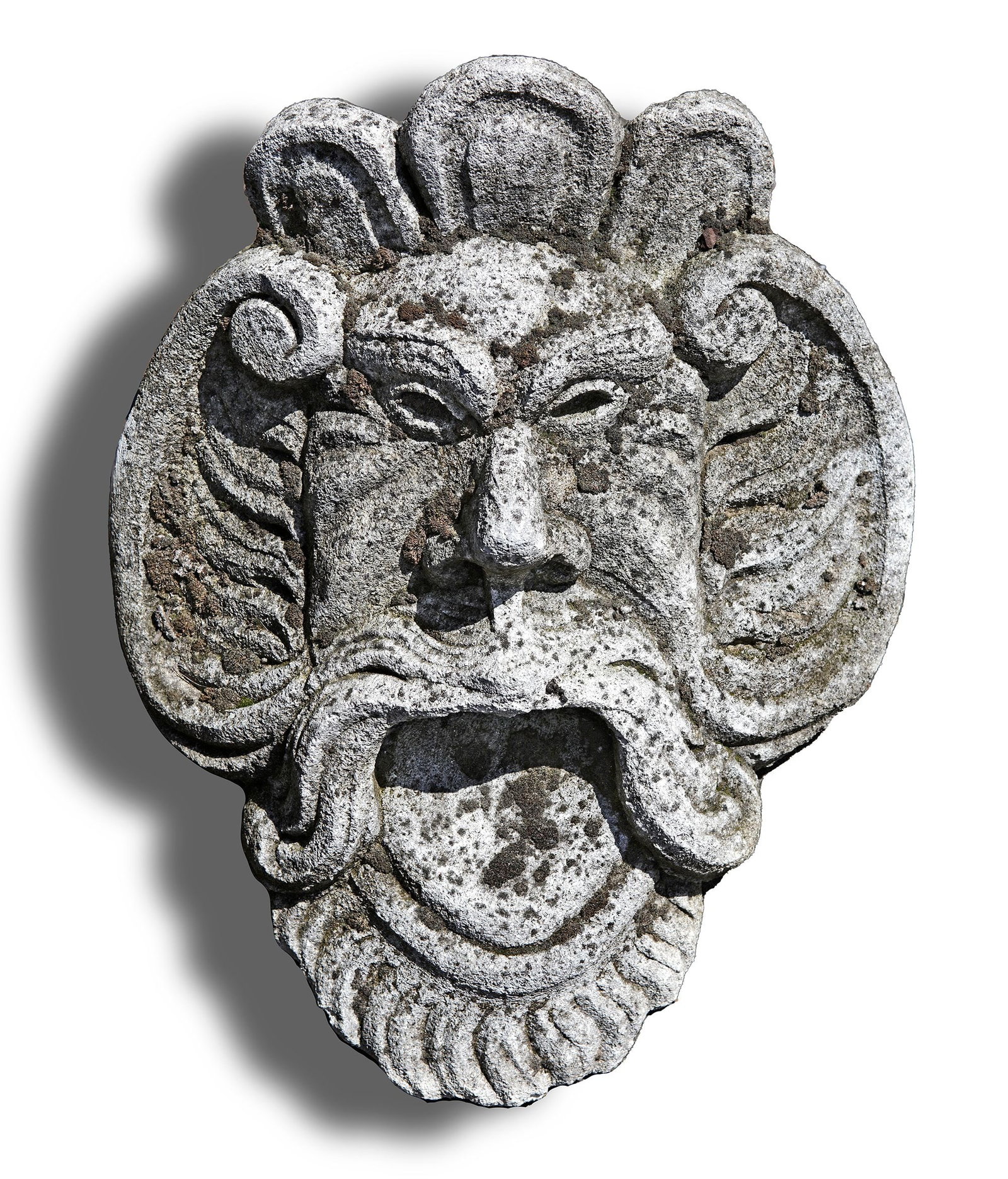 A COMPOSITION STONE FOUNTAIN MASK, SECOND HALF 20TH CENTURY: Of bearded grotesque mask form. 53 cm. high, 26 cm. wide.
