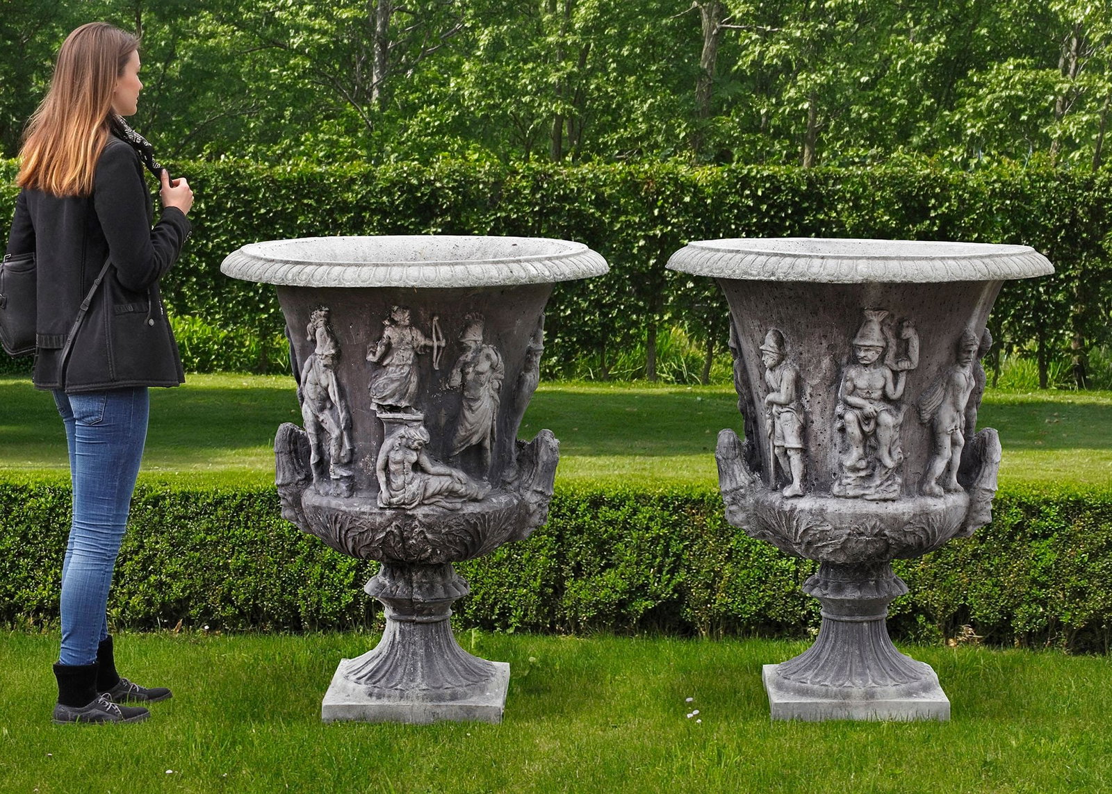 A PAIR LARGE COMPOSITION STONE GARDEN URNS, LATE 20TH CENTURY: From the mid 17th to the late 19th century the Medici an Borghese urns were the most admired of all the antique models and were often paired together, they belong to the most monumental category of cl