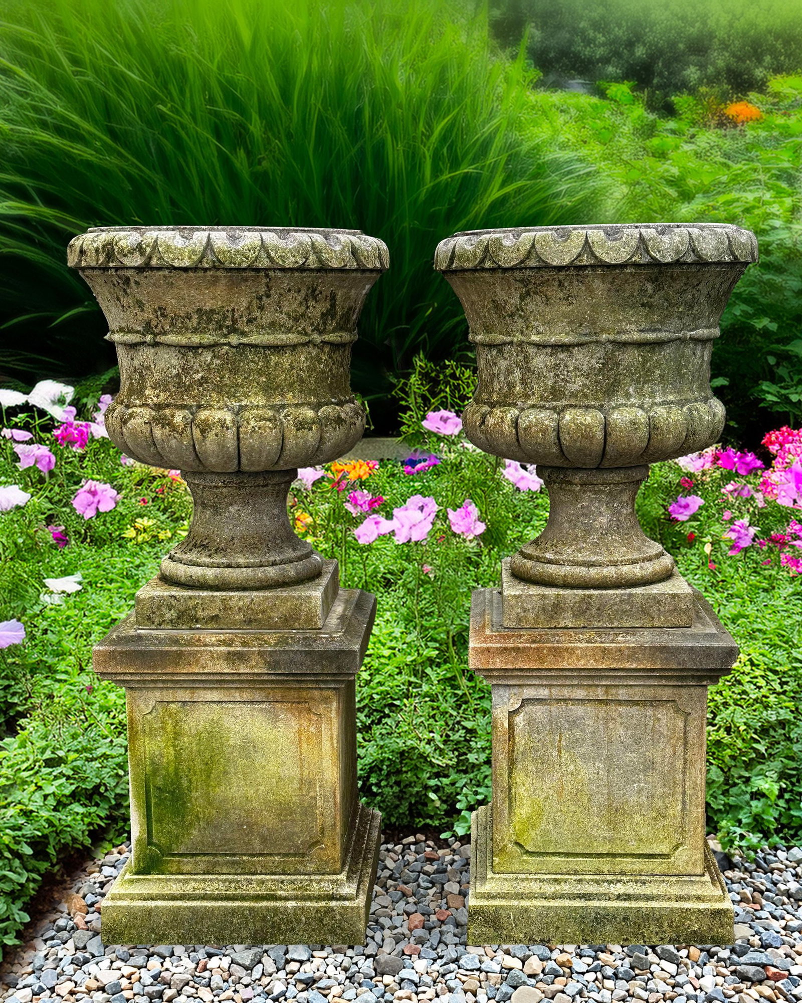 A PAIR OF CARVED LIMESTONE PLANTERS, 20TH CENTURY: Each with an everted rim and raised 'ring' decoration to the body above the lobed underside, and square pedestal. Height 65 cm. Diameter 60 cm. Height overall 125 cm.