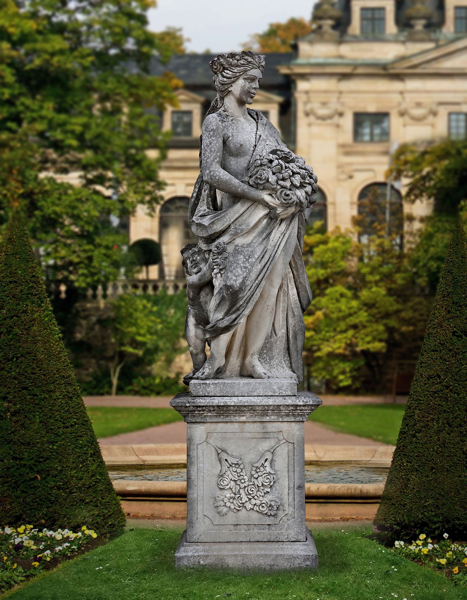 A SCULPTED LIMESTONE GROUP OF A MAIDEN AND CHERUB, SECOND HALF 20TH CENTURY (1 of 1)