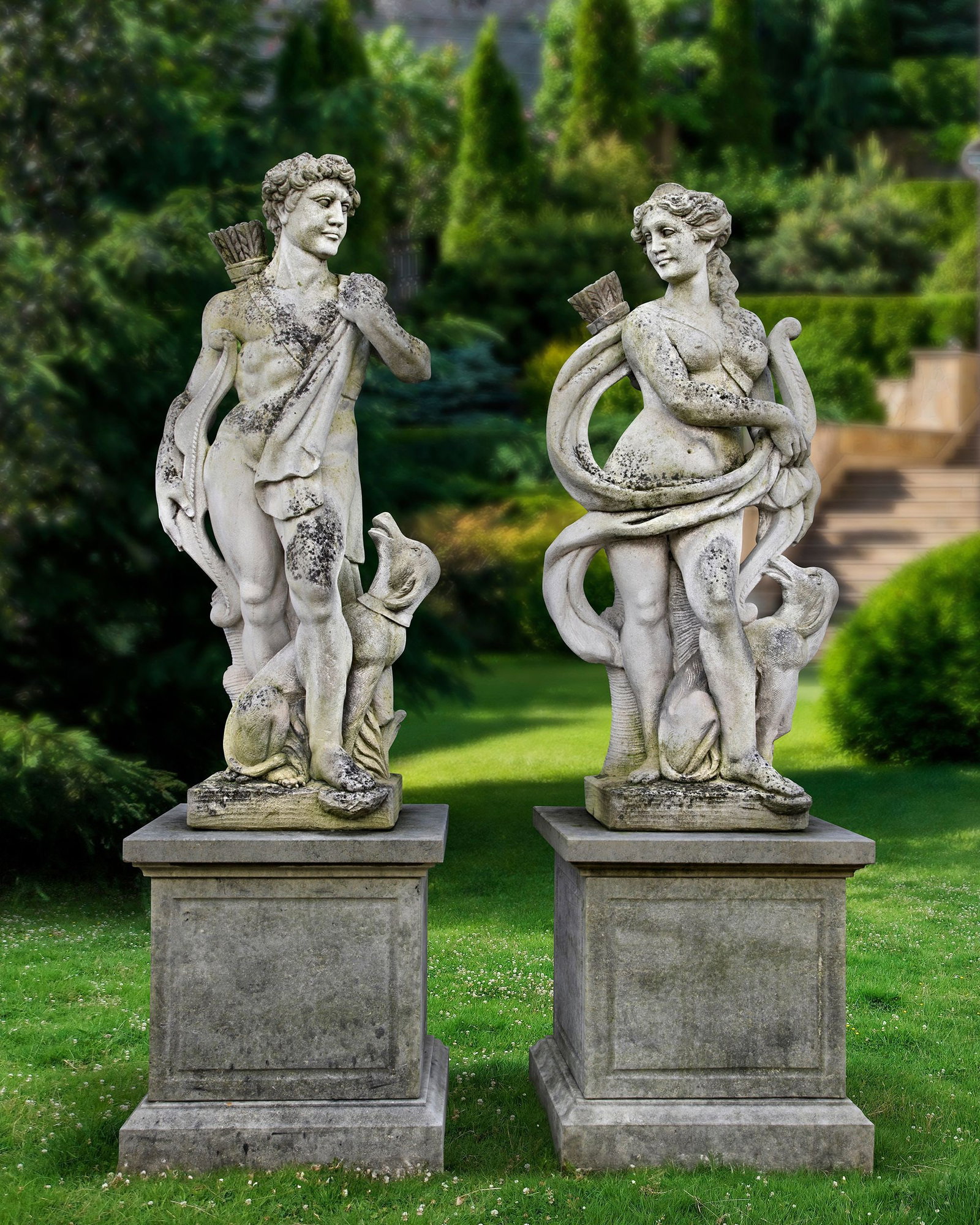 A PAIR OF SCULPTED LIMESTONE LIFESIZE FIGURES OF APOLLO AND DIANA, 20TH CENTURY (1 of 1)