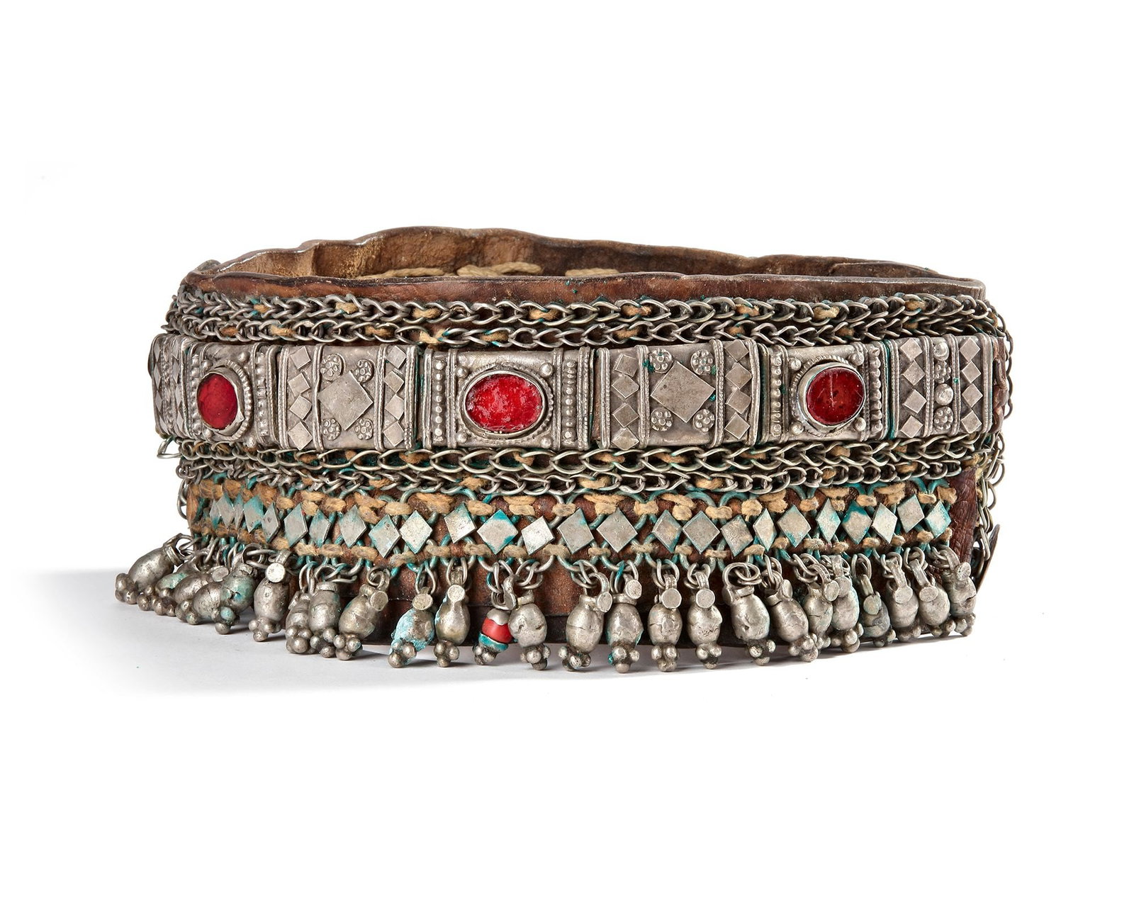 A SILVER AND LEATHER HEADBAND, MOROCCO, 19TH CENTURY (1 of 3)
