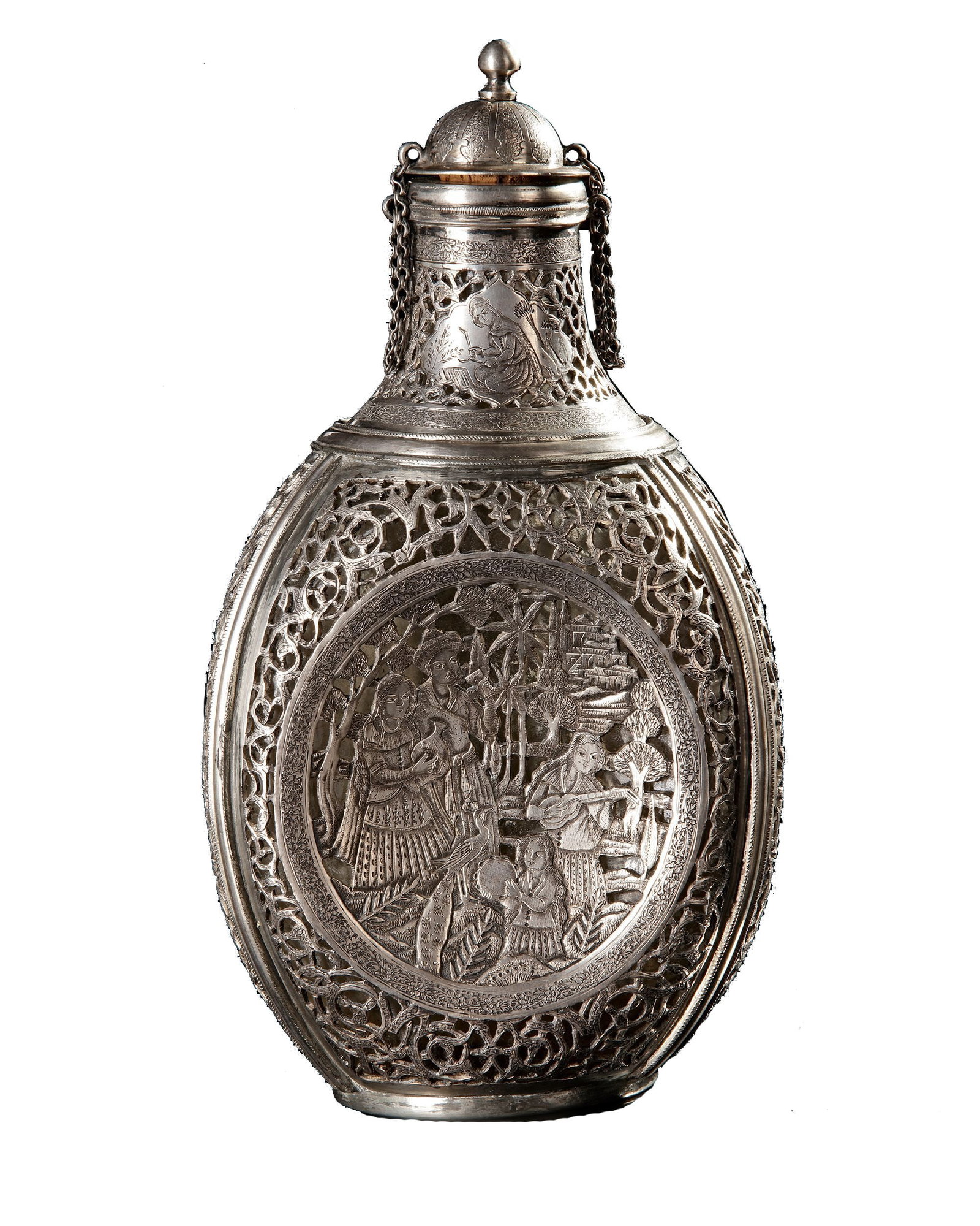 AN ISFAHAN SILVER BOTTLE, ATTRIBUTED TO LAHIJI MASTER, LATE 19TH CENTURY (1 of 6)