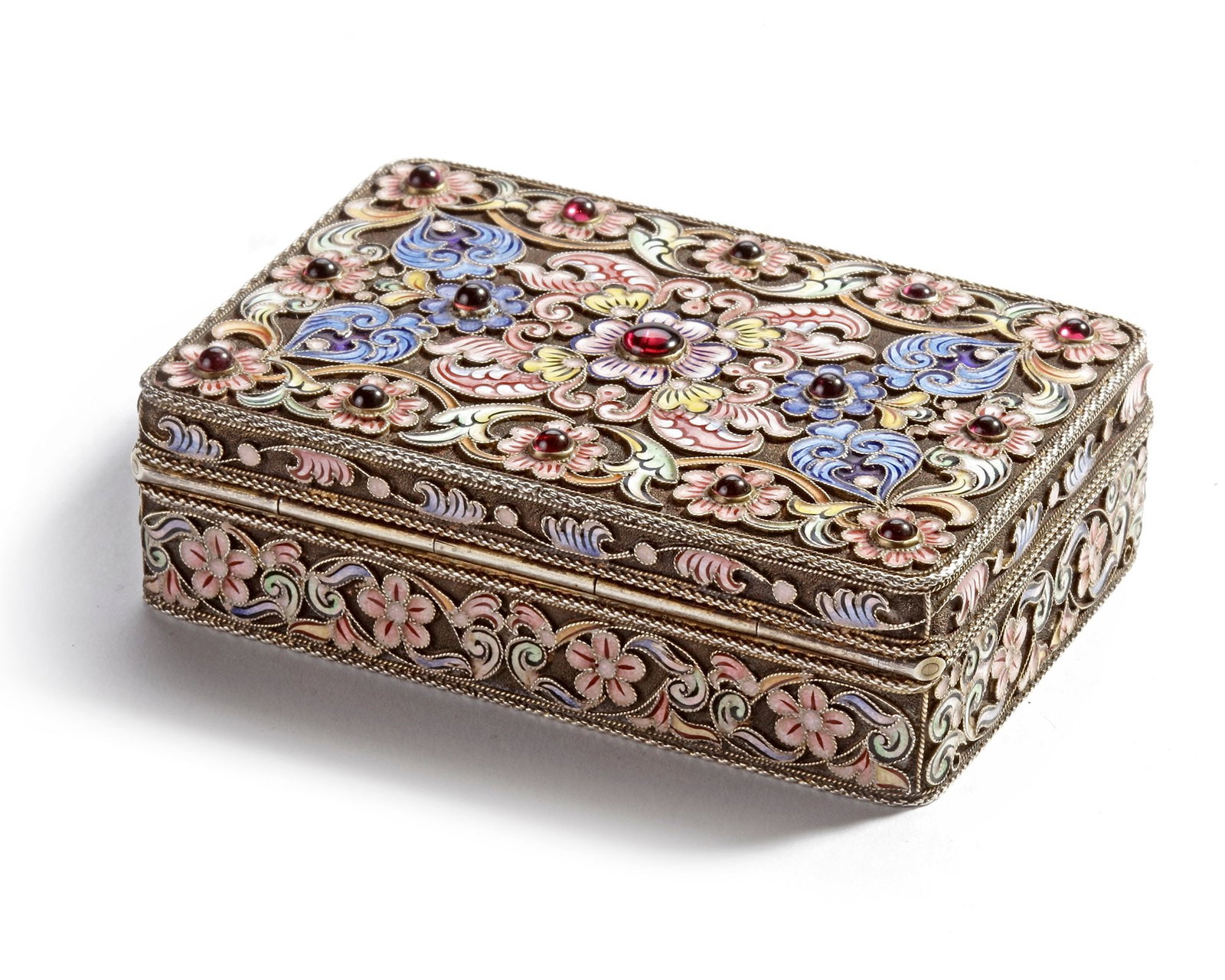 A RUSSIAN FABERGE SILVER-GILT AND CLOISONN?‰ ENAMEL BOX, CIRCA 1900: A gilded silver Faberg?© box of rectangular shape with a hinged lid, enameled with foliate ornamentation; the lid and sides decorated with flowerheads nestled in arabesques; the base struck Faberge I