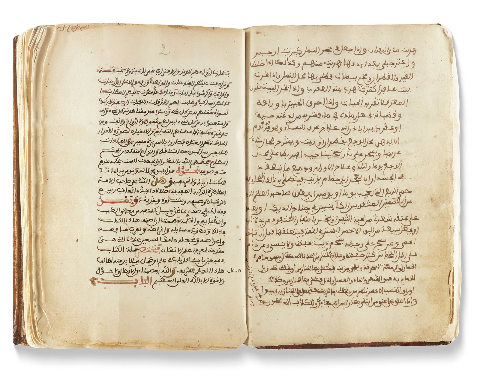 A BOOK WITH TREATISES ON MEDICINE, WISDOM AND HUMAN NATURE, NEAR EAST, 18TH CENTURY: Arabic manusscript on paper, 136 leaves with 4 fly-leaves, each page with 22 lines written in naskh black script, titles and important words in red ink, In red deep leather binding with flap. 15 by 22