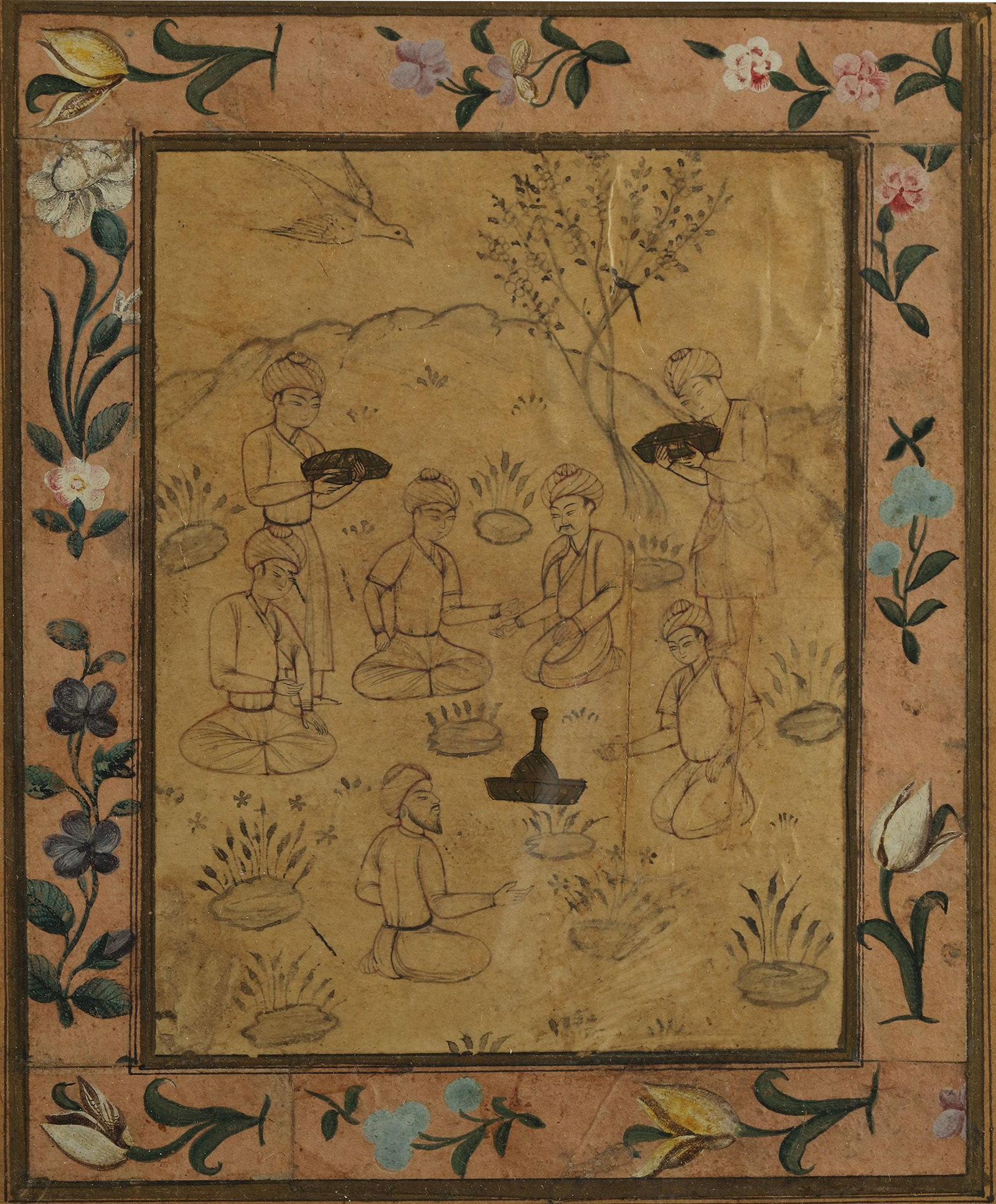 A PERSIAN MINIATURE 'THE PICKNICK,19TH CENTURY: Persian miniature: 'The pick-nick" The border embellished with flowers. 16 by 13 cm. Provenance: part of a private Belgian collection.