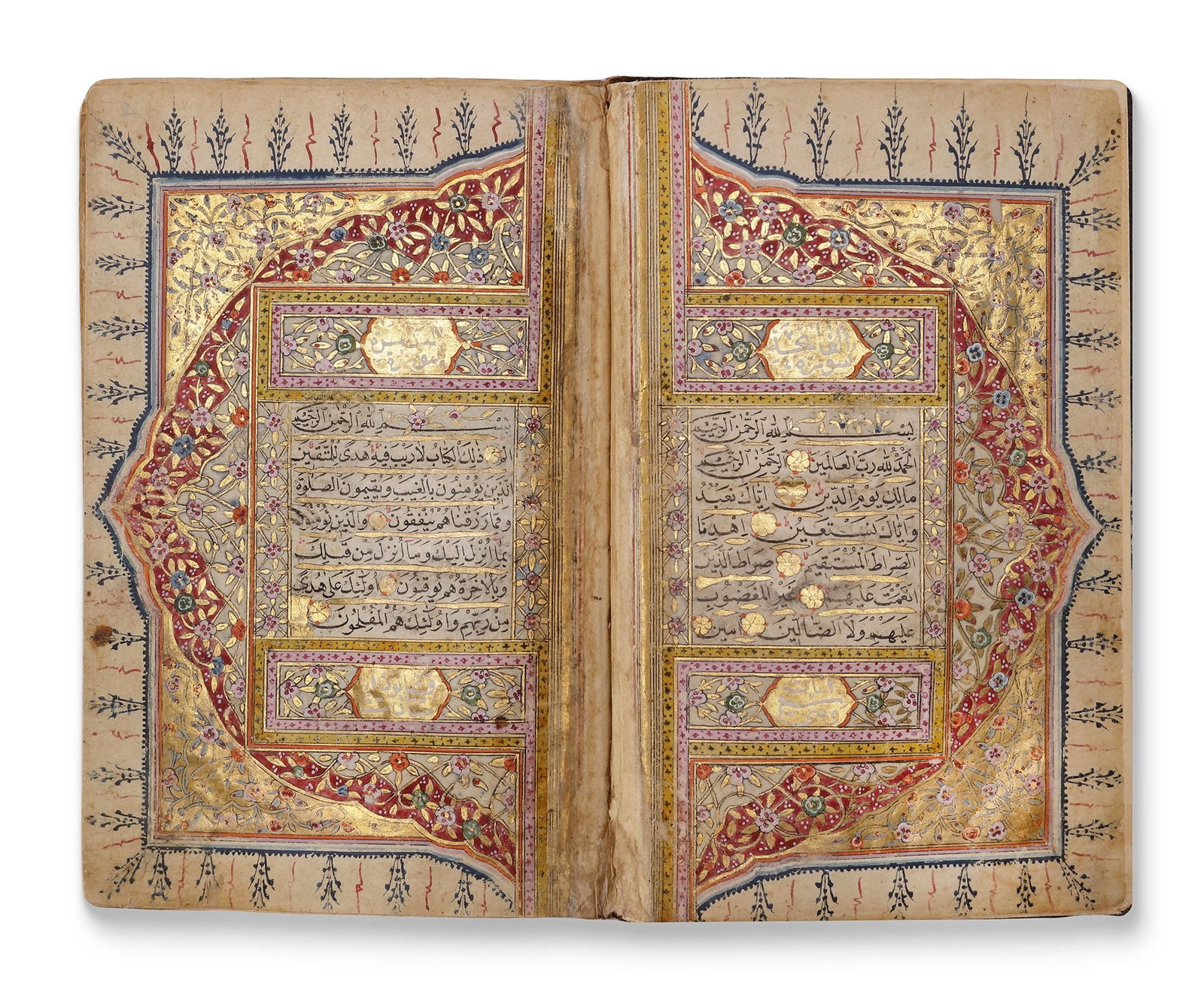 AN ILLUMINATED OTTOMAN QURAN, WRITTEN BY THE SCRIBE HAFIZ HUSSEIN AL-RIF'ATI AL-AQHISARI, DATED 1225: Arabic manuscript on paper, 307 leaves, each folio with 15 lines of elegant black naskh script, diacritics and vowels in red, gold roundel verse markers outlined in black with polychrome dots, large g