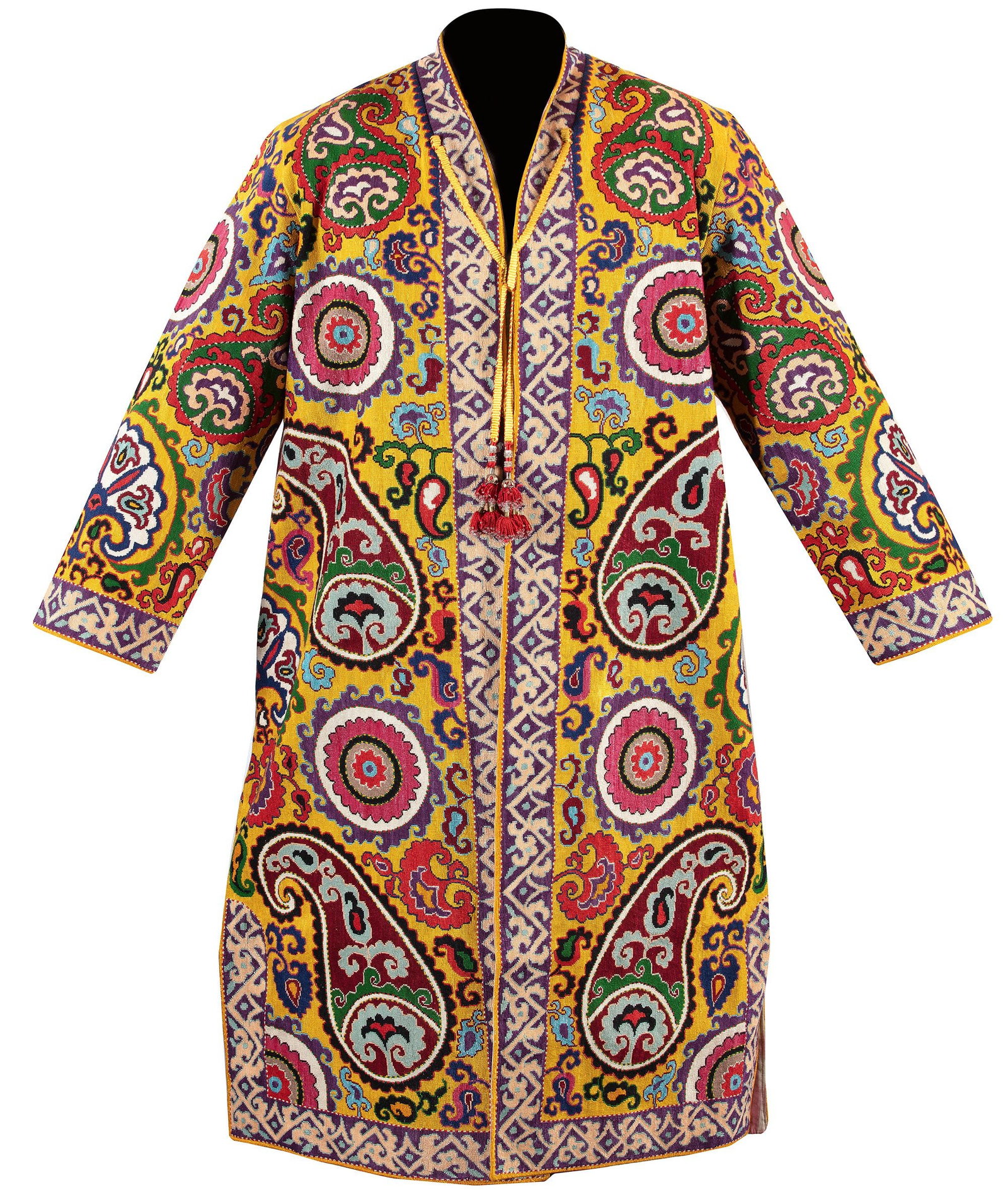 A YELLOW SILK CEREMONIAL MENâ€™S ROBE, CENTRAL ASIA, 19TH CENTURY: The yellow ground embroidered with a continuous motif of splaying flowers, geometric cover, tassels below, chequered lining atlas ikat. 135 by 160 cm.