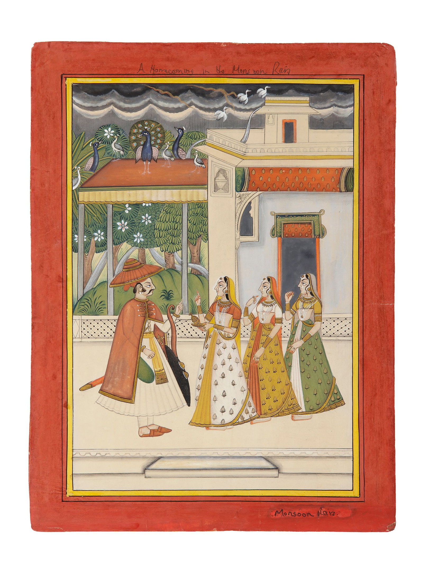 AN INDIAN MINIATURE PAINTING, A HOMECOMING IN THE MONSOON RAIN, 19TH CENTURY: A charming Indian miniature depicting a noblemanâ€™s return during the monsoon, greeted by elegantly dressed ladies in a palace courtyard. The scene is enriched with peacocks, lush greenery, a