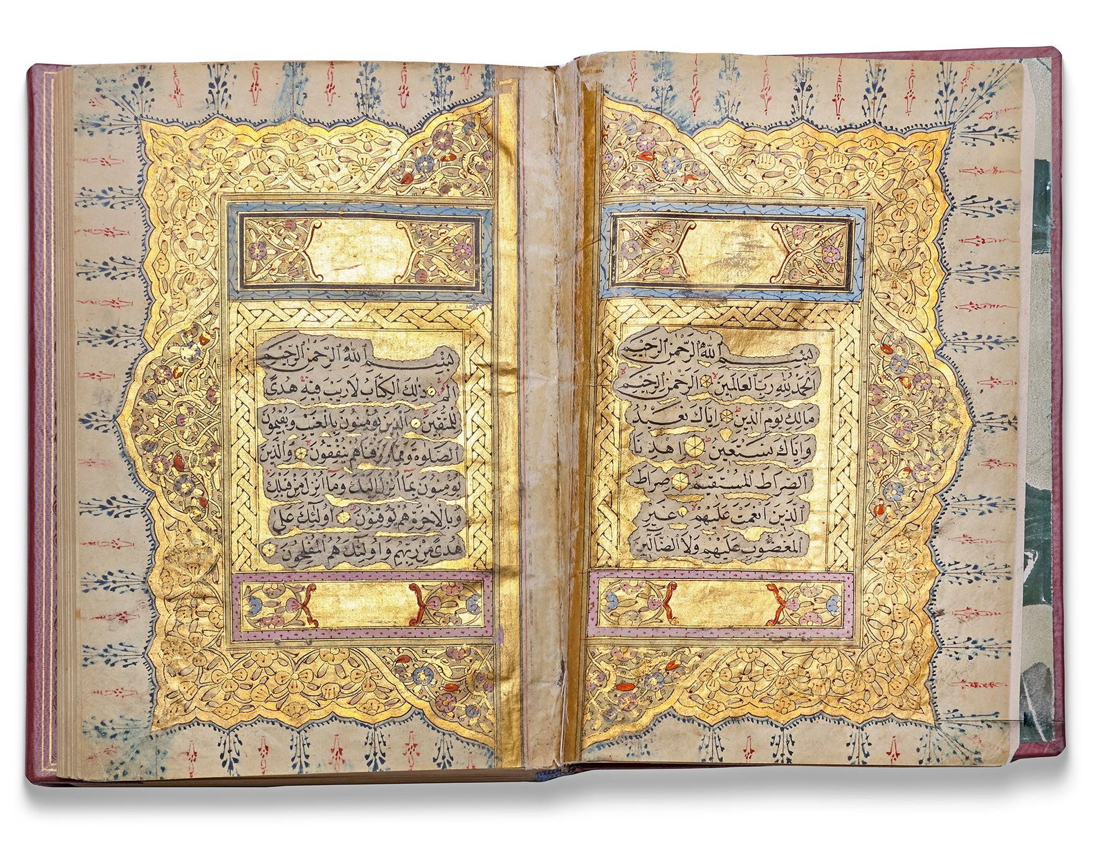 AN ILLUMINATED OTTOMAN QURAN, WRITTEN BY THE SCRIBE IBRAHIM RUSDI, STUDENT OF MUSTAFA AL-SAKER,: Arabic manuscript on paper, 305 leaves, each folio with 15 lines of elegant black naskh script, diacritics and vowels in red, gold roundel verse markers outlined in black, large gilt and polychrome fl