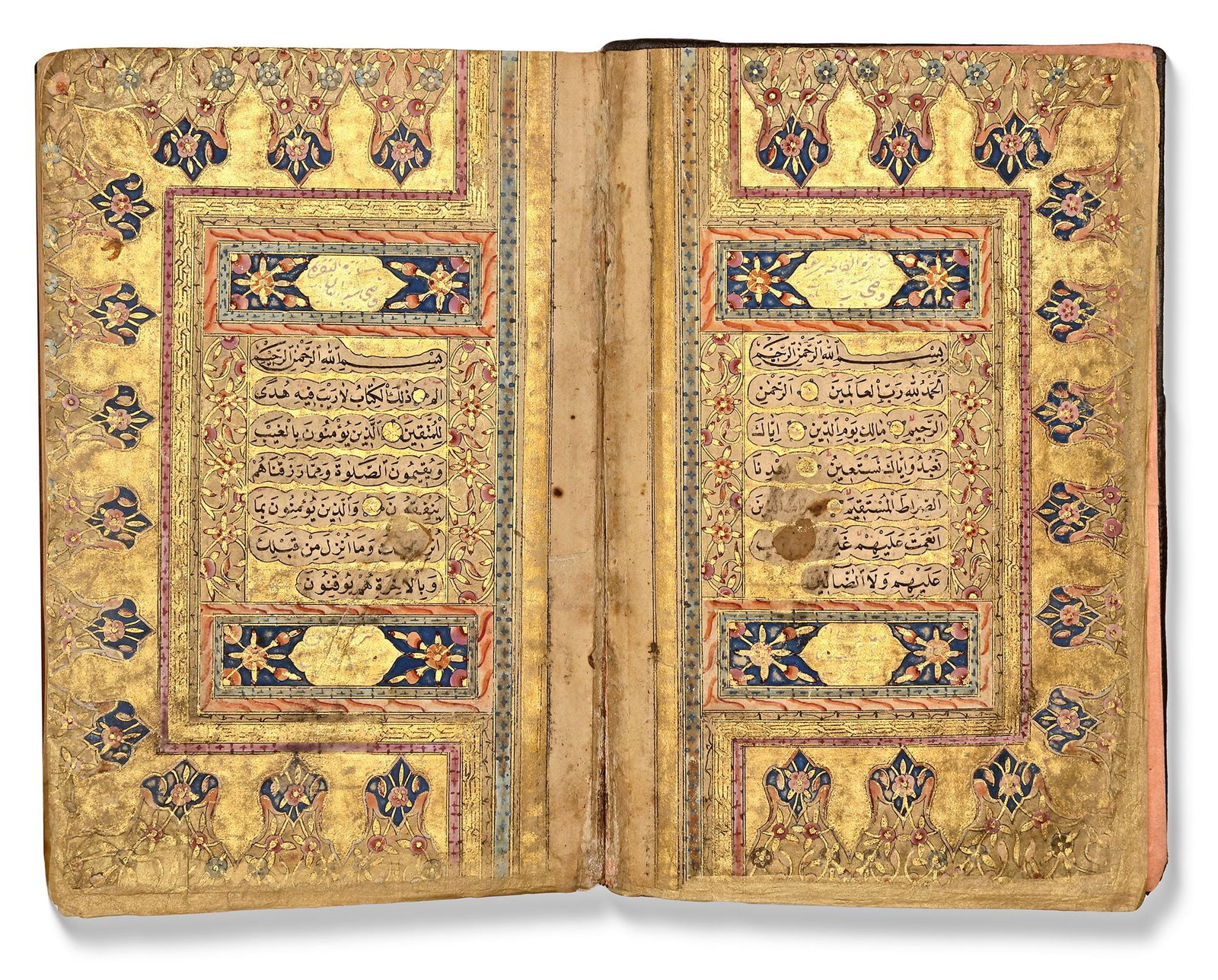 AN ILLUMINATED OTTOMAN QURAN SIGNED BY HALIL IBRAHIM EL-NASIB, TURKEY, DATED 1248 AH/1832 AD: A complete Quran, Arabic manuscript on cream paper, each page with 15 lines, written in black naskh script within gold and polychrome rules, gold roundel verse markers with polychrome dots. Surah head