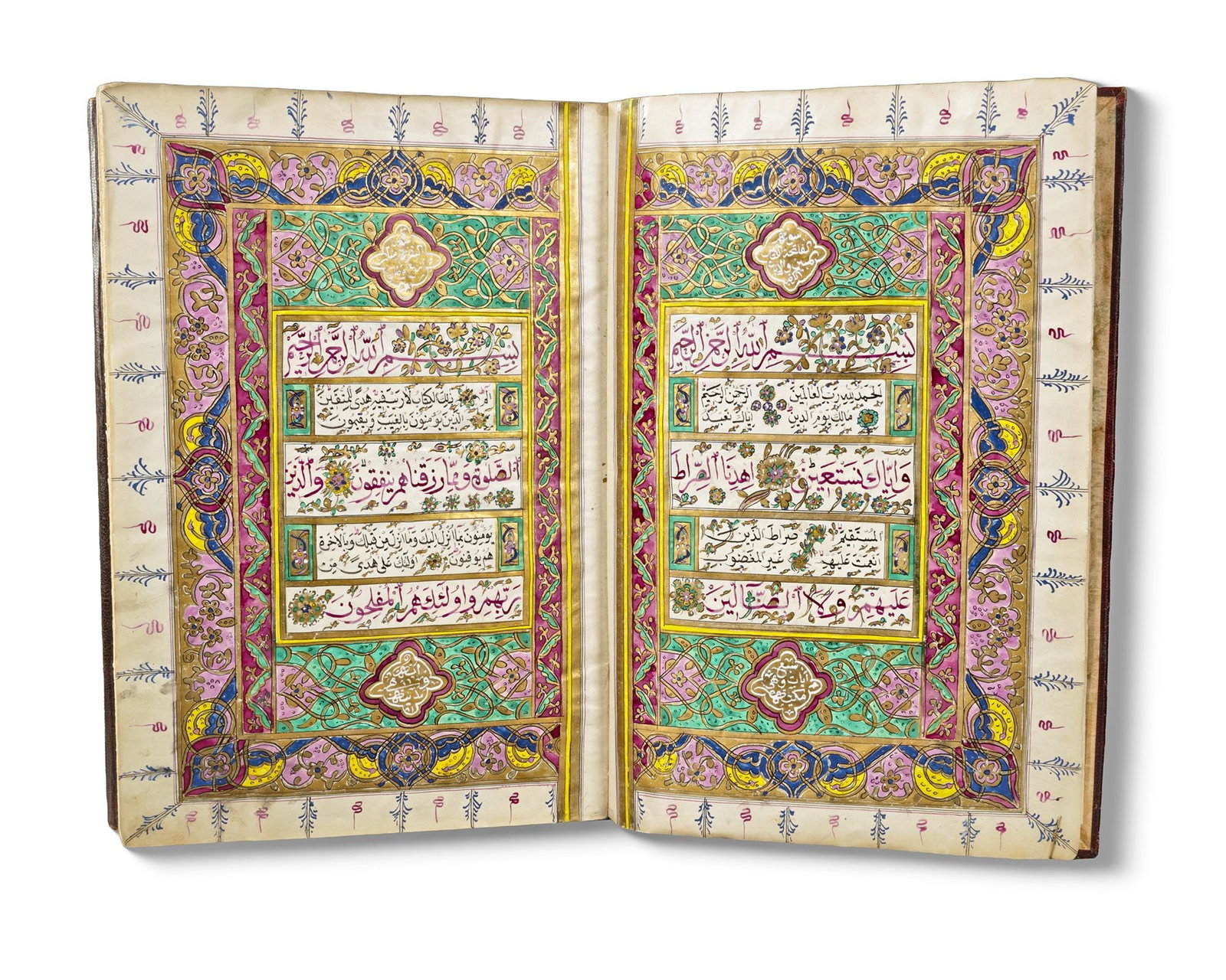A LARGE ILLUMINATED QURAN, CENTRAL ASIA, WRITTEN BY MUHAMMED AMIN SUKRI AND DATED 1288AH/ 1871AD: A complete Quran manuscript in Arabic on paper, comprising 308 folios with two fly-leaves. Each page is arranged in 15 lines: the opening, middle, and final lines are executed in bold, elegant red thu