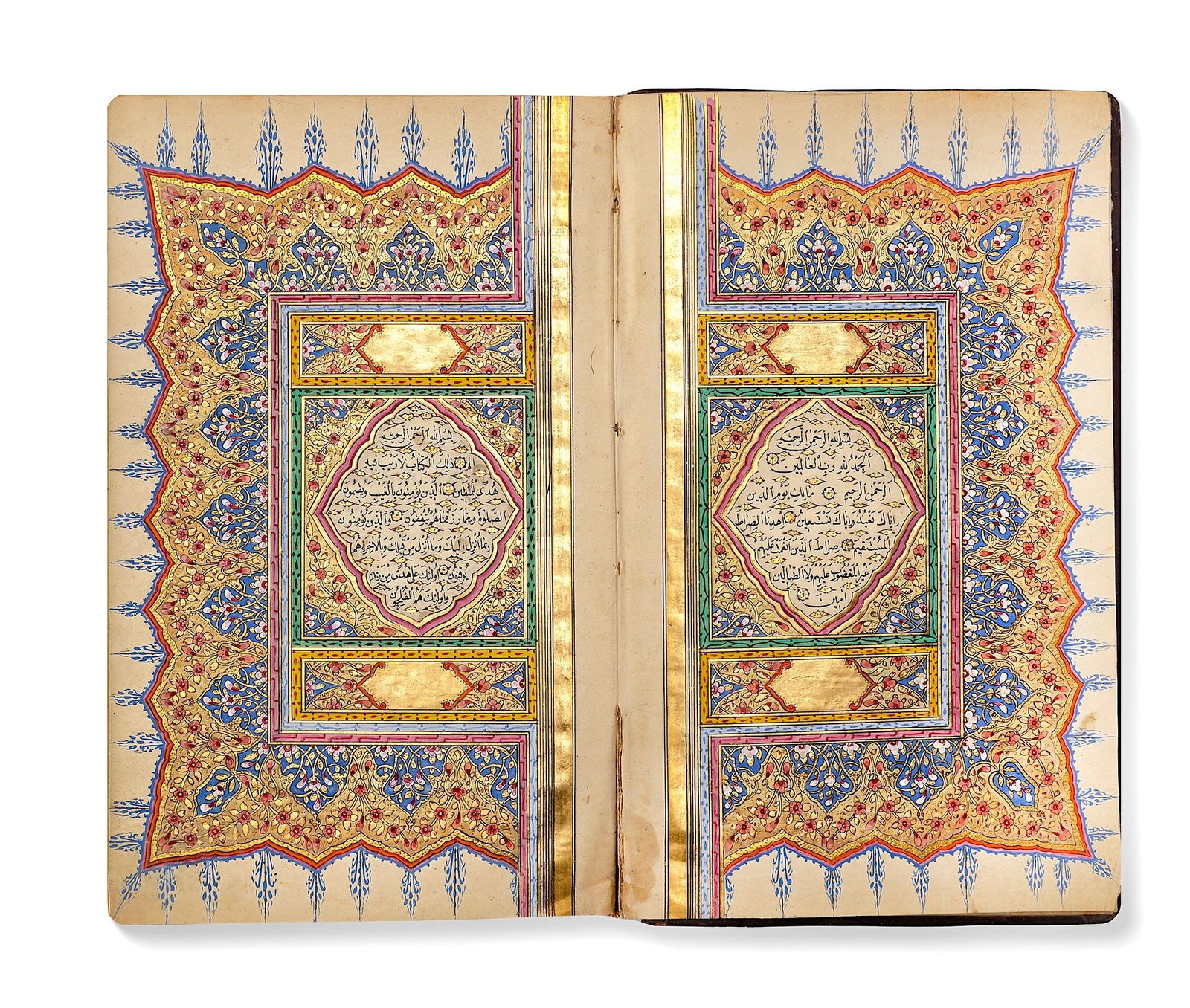 AN OTTOMAN ILLUMINATED QURAN WRITTEN BY IBRAHIM AL-ZAKAI, OTTOMAN TURKEY DATED 1279: Arabic manuscript on paper, 296 leaves, 15 lines to the page written in naskh script in black ink with diacritics and vowel points in red and black, gold dots between verses, inner margins ruled in go