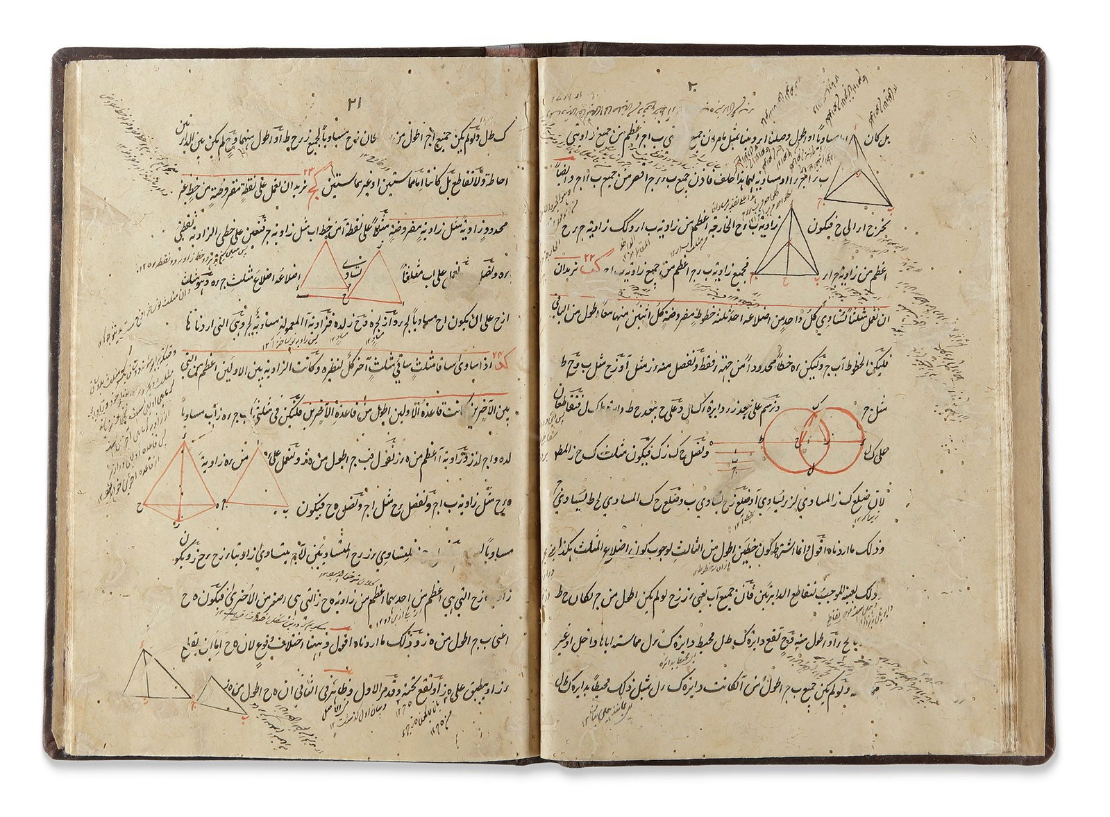 TAHRIR USUL AL-HANDASA WA-AL-HISAB â€?? FIRST ARTICLE (AL-MAQALA AL-ULA), ARABIC MANUSCRIPT ON: Arabic manuscript on paper, 46 ff., each page with 13 ll., written in black naskh script; catchwords in red ink; richly illustrated with drawings in red ink; housed in a deep brown leather binding. 16
