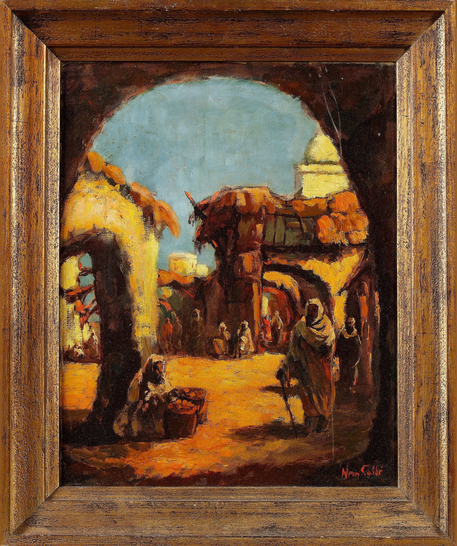ORIENTALIST SCHOOL, AN ARABIAN MARKET PLACE, OIL ON CANVAS, 20TH CENTURY: Indistinctly signed lower right, 50 by 39 cm.