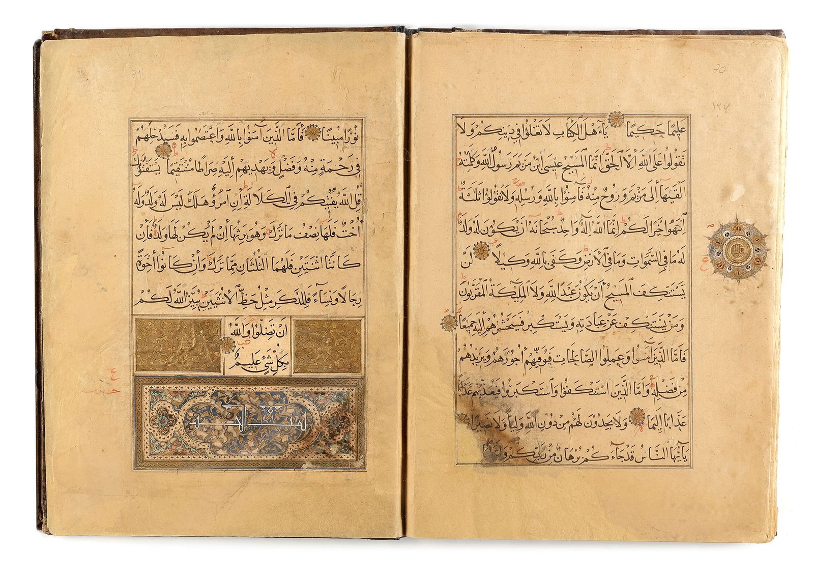 A QURAN SECTION, 14TH-15TH CENTURY: Comprising the 4th and 5th juzâ€™, Arabic manuscript on paper, 36 leaves, each folio with 11 lines of elegant black naskh script, surah headings in gold thuluth script outlined in black, Basma