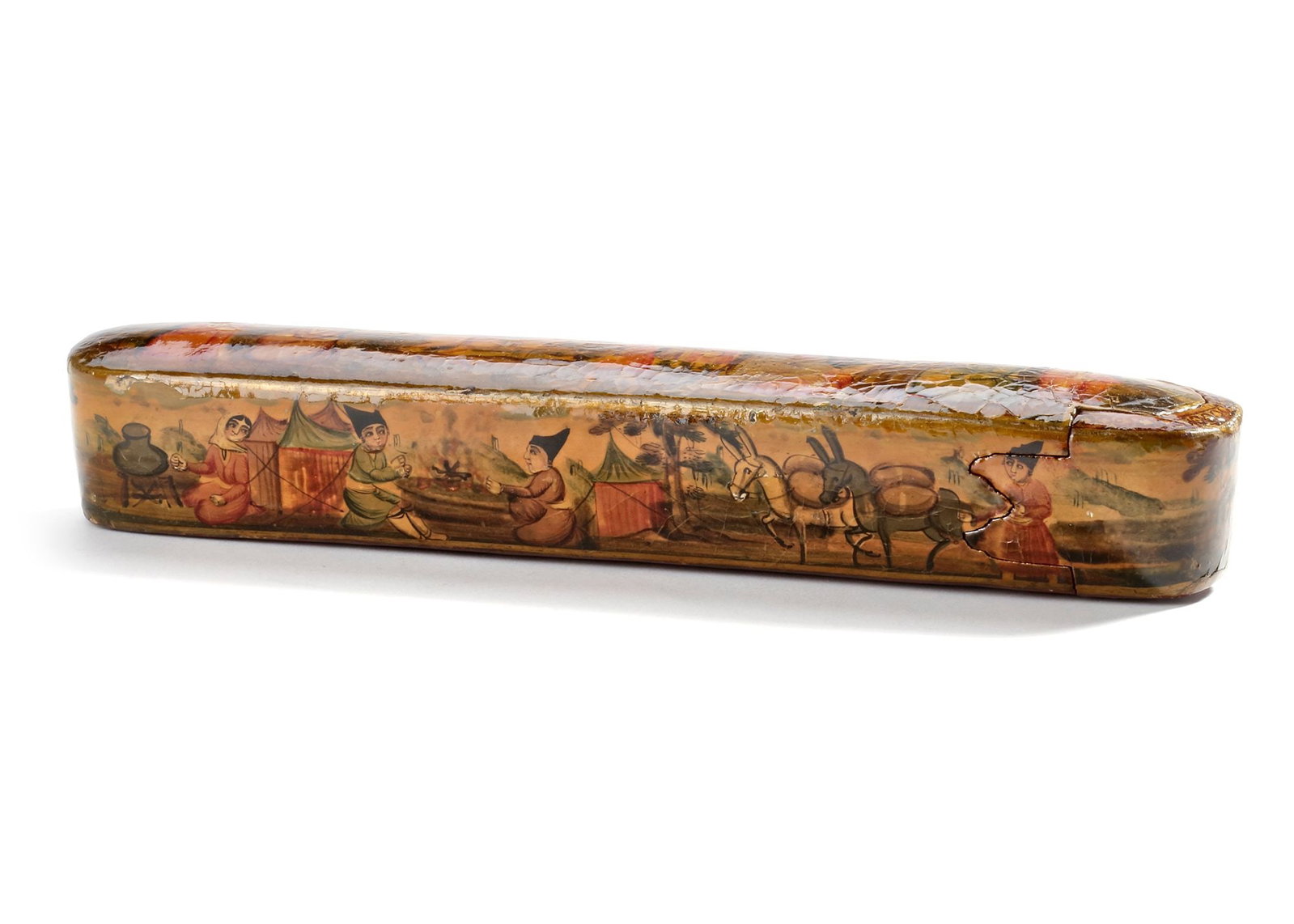 A QAJAR LACQUERED PAPIER-MACH?‰ PEN CASE (QALAMDAN), 19TH CENTURY: Of elongated oval form with a sliding drawer, decorated in gilt and polychrome. The top and sides decorated with Qajar figures engaged in daily activities in a landscape. Length: 22 cm.