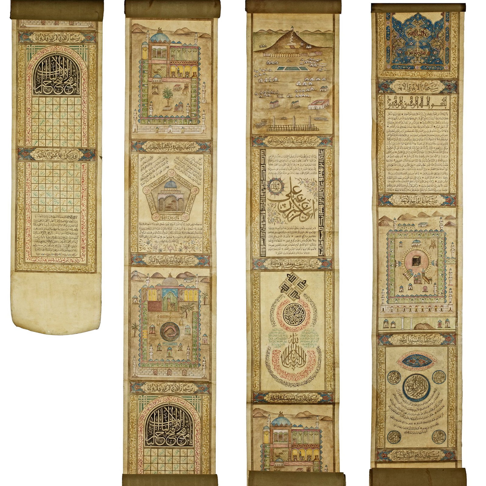AN OTTOMAN ILLUMINATED HAJJ SCROLL, WRITTEN BY ISMAEL AHMED IN MECCA, DATED DHU HIJJA 1231 AH/1816: Arabic manuscript on paper, with Mecca and Medina drawings, prayers and Quran verses. Single scroll divided into different main divisions with thuluth, naskh and Kufic script in black, blue green, red