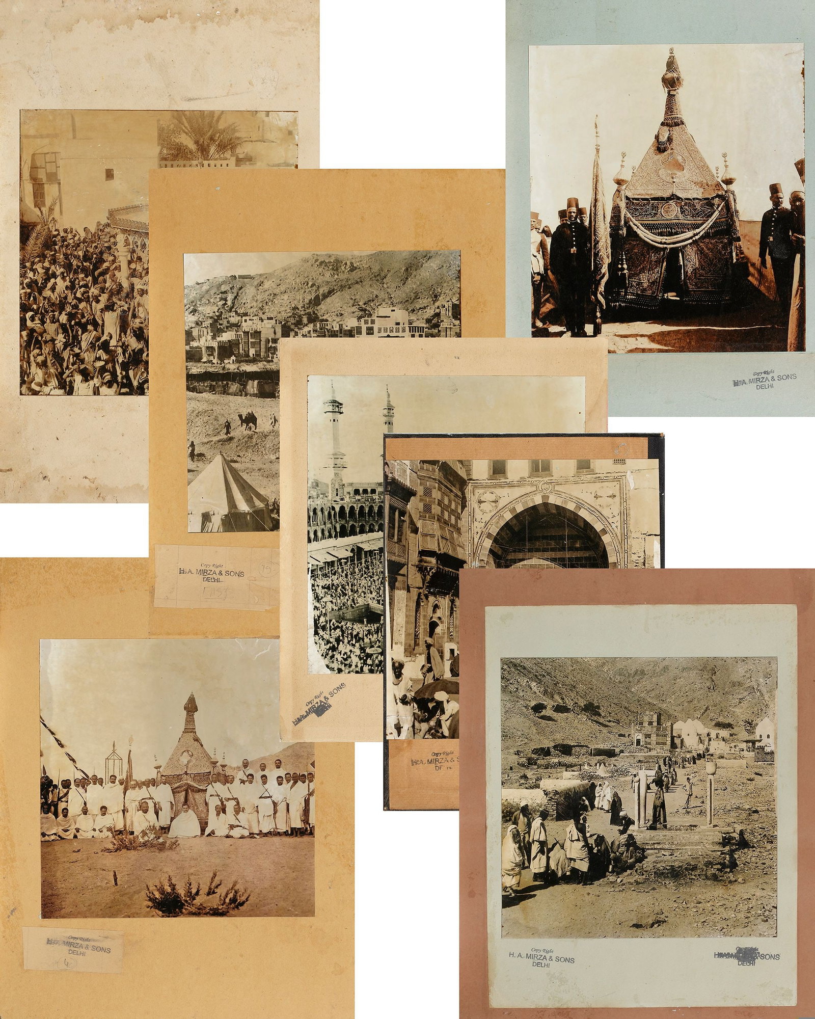 SEVEN PHOTOGRAPHS OF MECCA AND THE HAJJ, 20TH CENTURY: Seven photographs of Mecca, Medina, the Mahmal and Hajj. Rare photographs, including images of Mecca with prayers around the Kaaba, the Mahmal with pilgrims, the arrival of the mahmal, and prayers at 